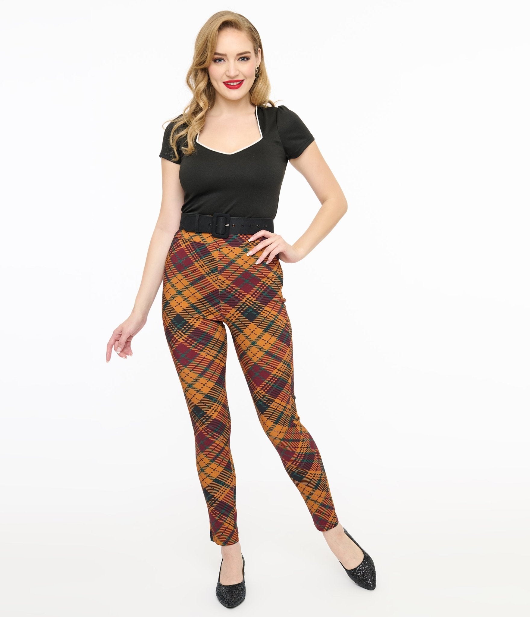 Vintage 1960s Mustard & Burgundy Plaid High Waist Cigarette Pants - Retro Women's Fashion for Casual Wear & Office Outfits