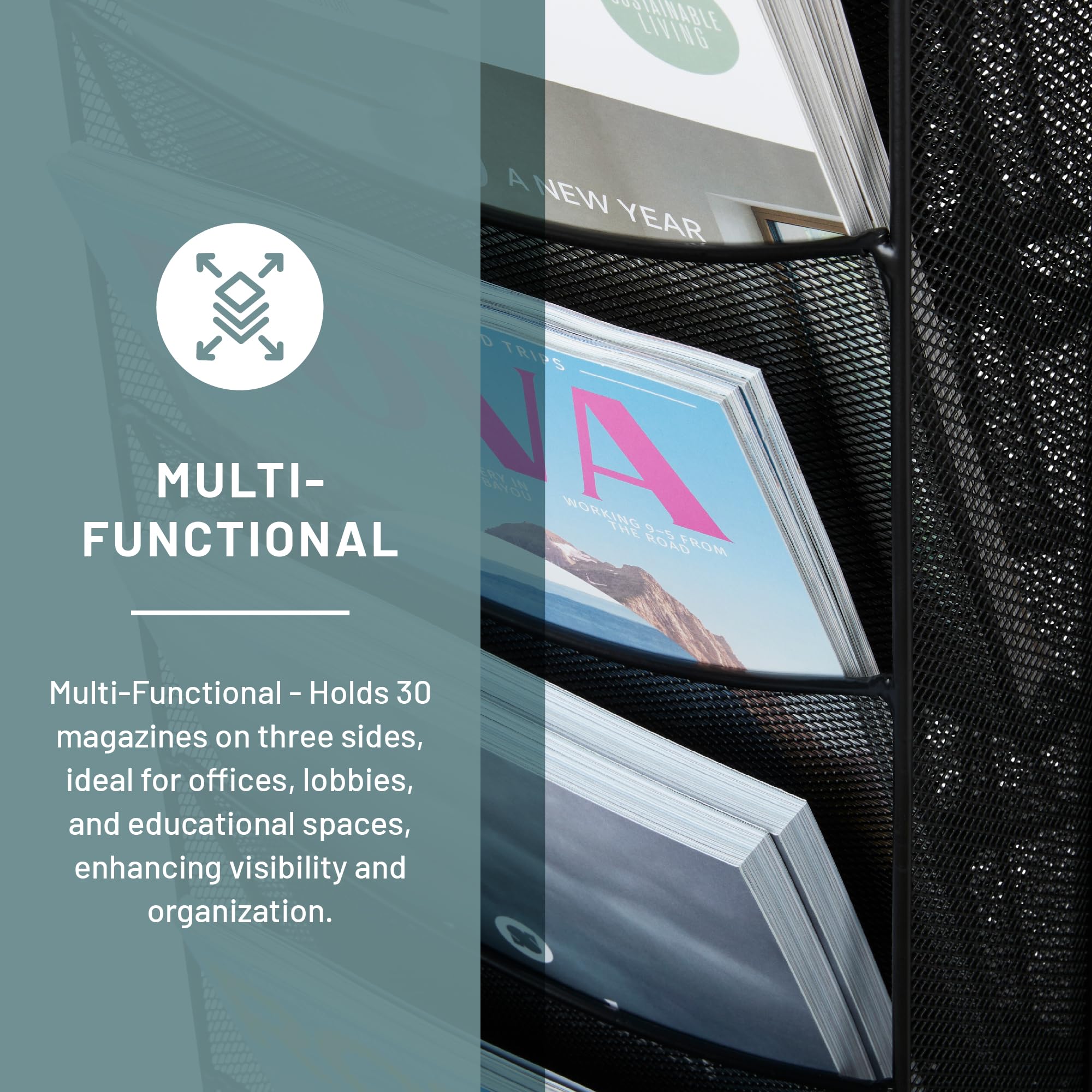 Safco Onyx Rotating Mesh Magazine Holder - 30-Pocket Display Rack & Brochure Organizer - Heavy-Duty Steel Construction in Black - Perfect for Offices, Libraries, and Retail Stores