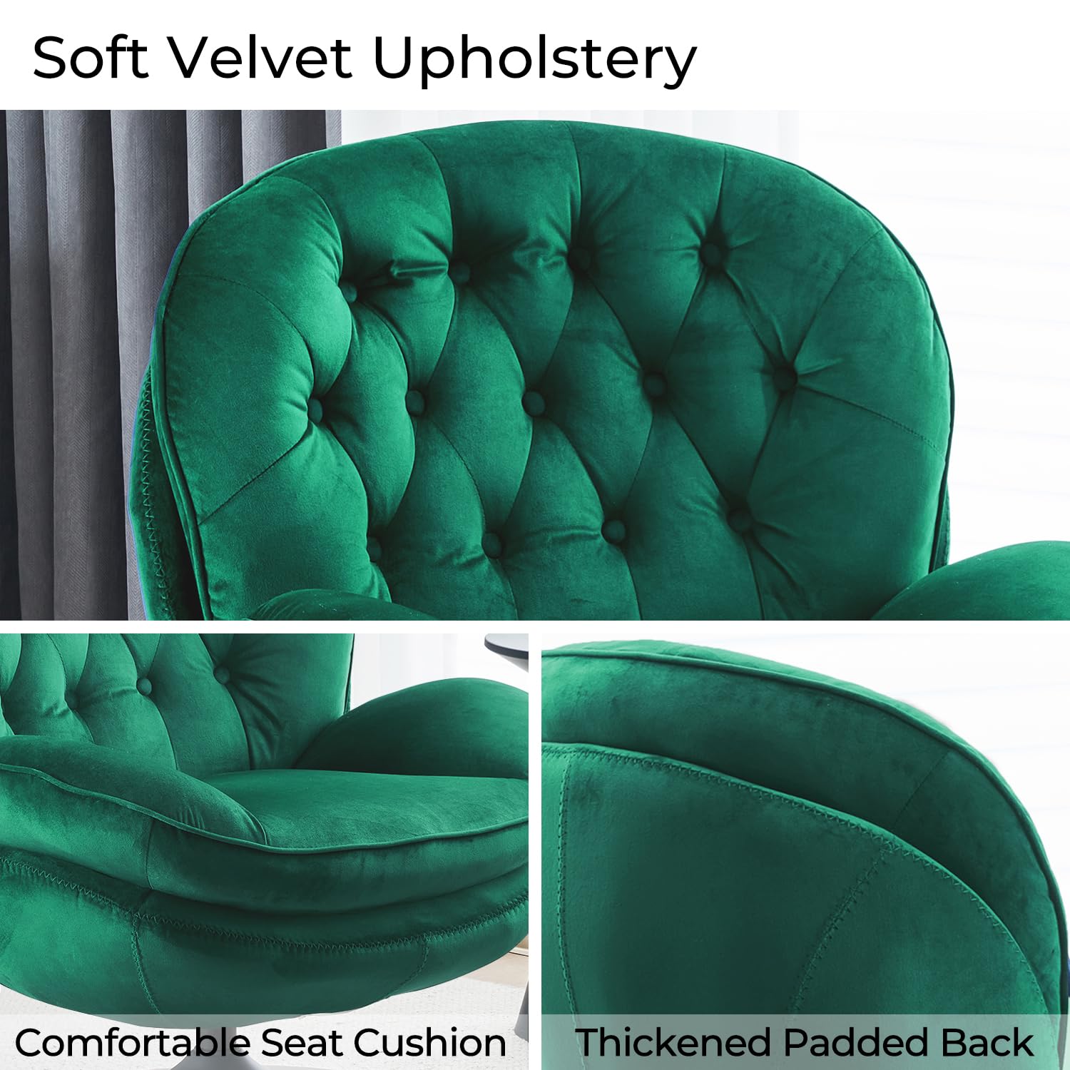 Velvet Swivel Accent Chair with Ottoman Set - Modern Tufted Armchair with Footrest for Living Room & Bedroom - 360 Degree Swiveling Lounge Chair for Adults - Comfortable Reading & TV Watching Chair - Green Velvet Upholstery - Perfect for Relaxing, Entertaining & Small Space Decor