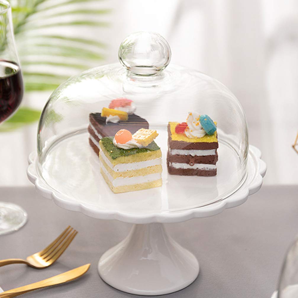 White Porcelain Cake Stand with Glass Dome - 25x23.5x23.5cm Decorative Dessert Display for Weddings, Birthdays & Parties | Elegant Cupcake, Pastry & Candy Serving Plate for Home Baking & Special Events