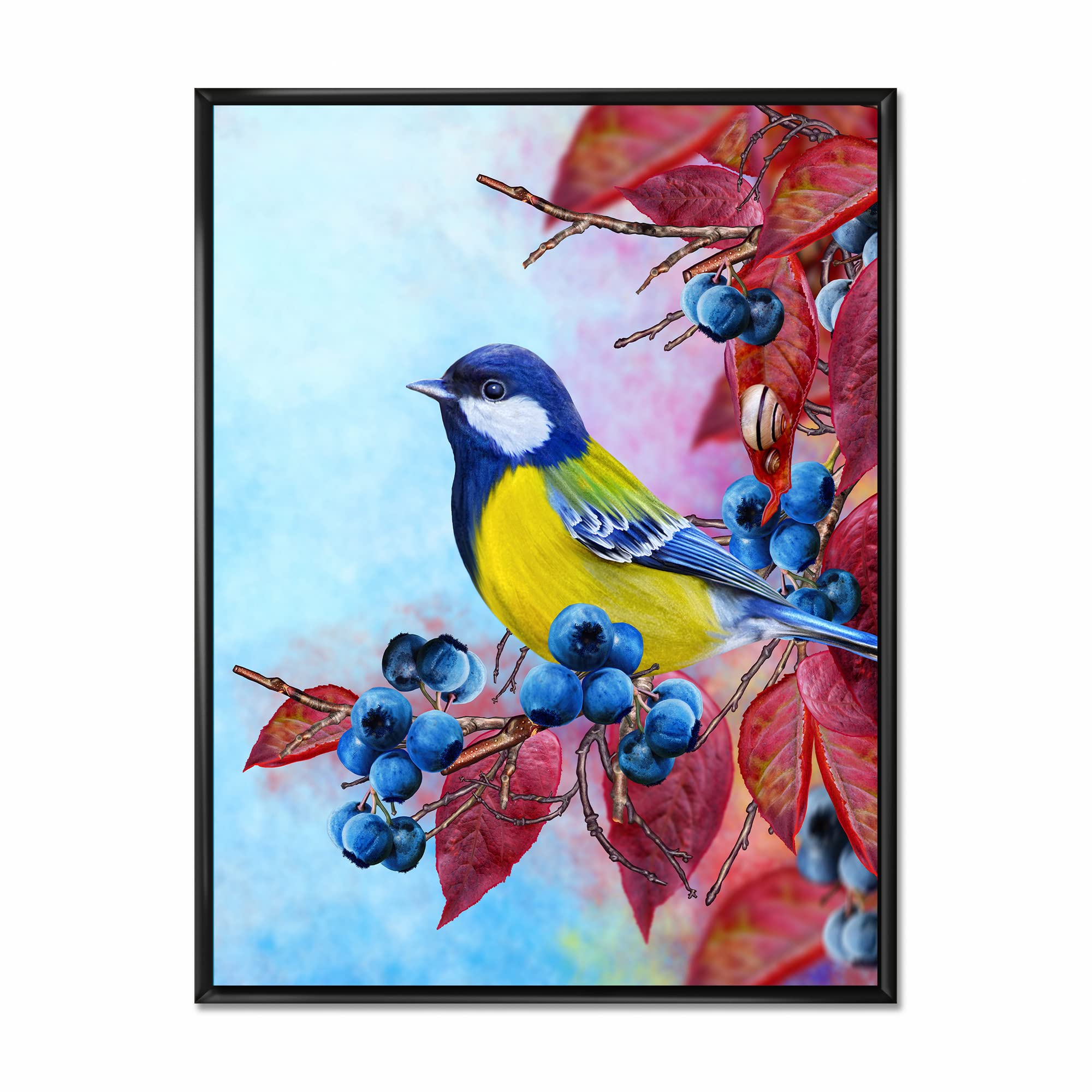 DesignQ Bright Bird Bullfinch Sitting on A Branch II - Traditional Framed Canvas Wall Art Print - Perfect for Living Room, Bedroom & Office Decor