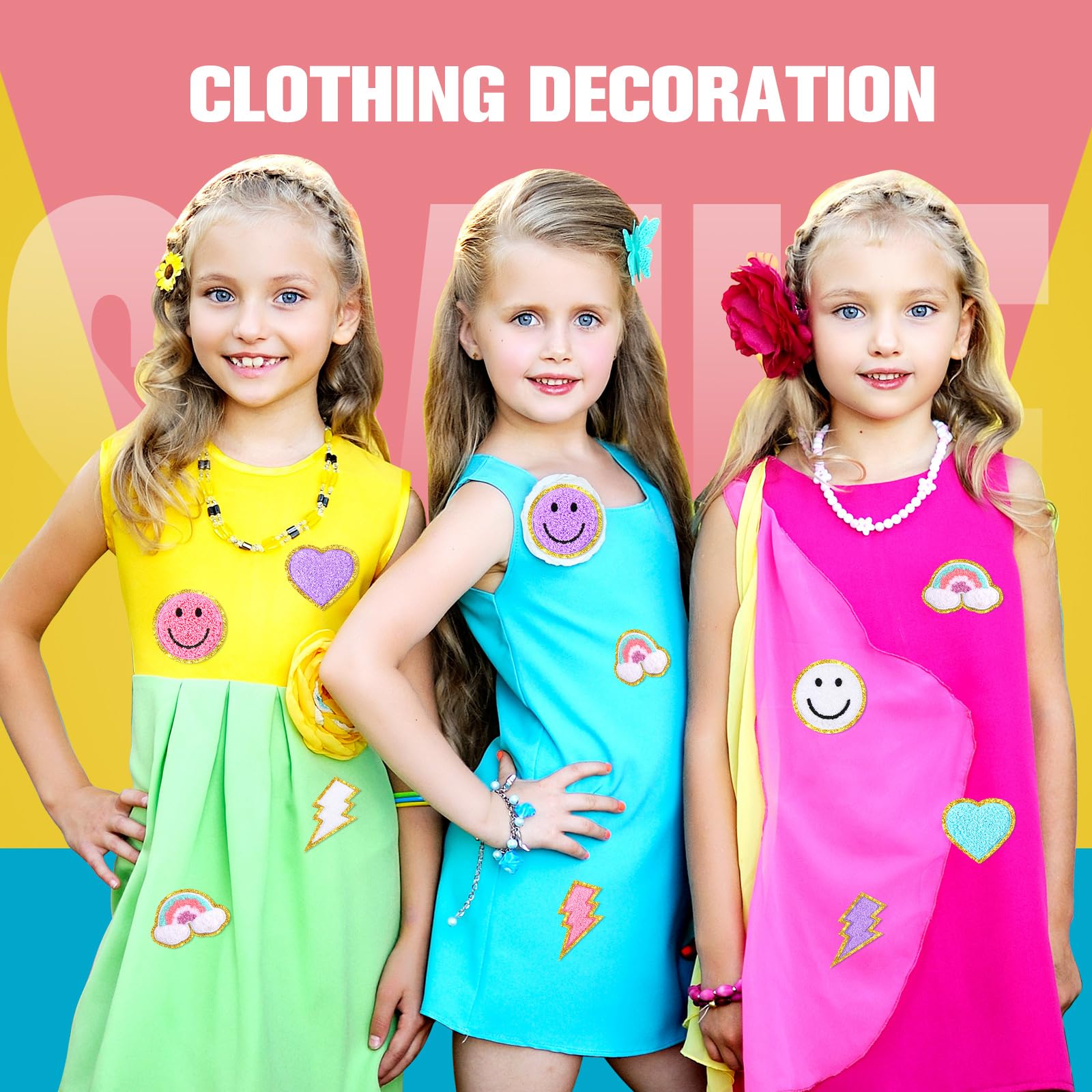 80 Pcs 3D Cute Embroidered Iron-On Patches - Rainbow, Lightning, Smile Face & Heart Designs - Self-Adhesive Fabric Applique for DIY Clothing, Jackets, Jeans (Multiple Styles) - Perfect for Customizing Kids' Outfits, Denim Jackets & Backpacks