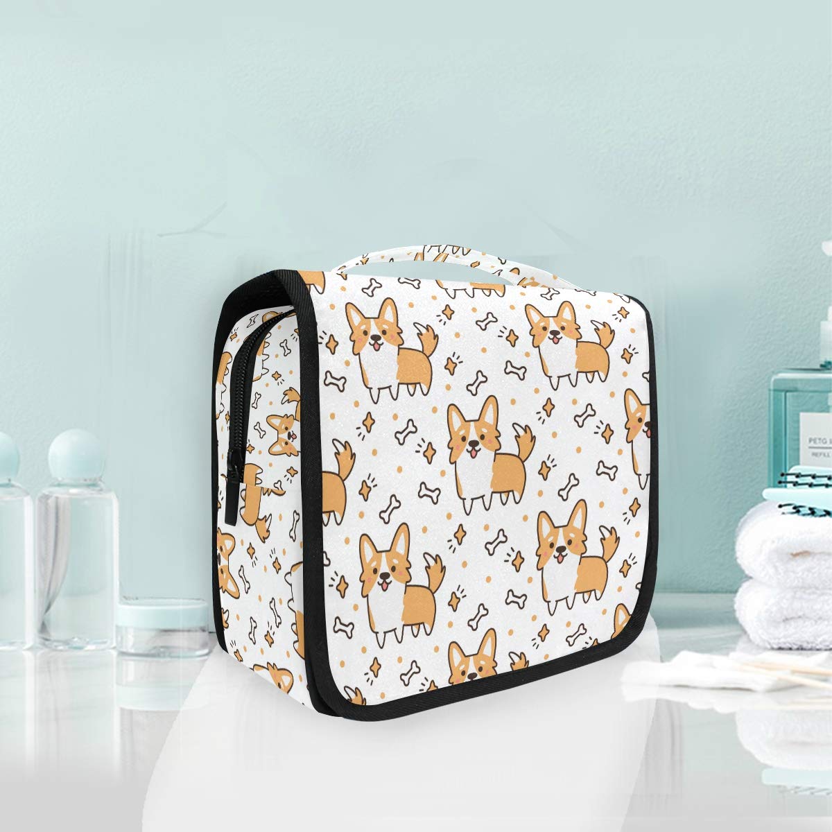 Cute Corgi Dog Hanging Toiletry Bag for Women - Travel Cosmetic Organizer with Sturdy Hook, Portable Makeup Pouch for Bathroom & Vacation - Perfect for Camping, Gym, and College Dorm Essentials