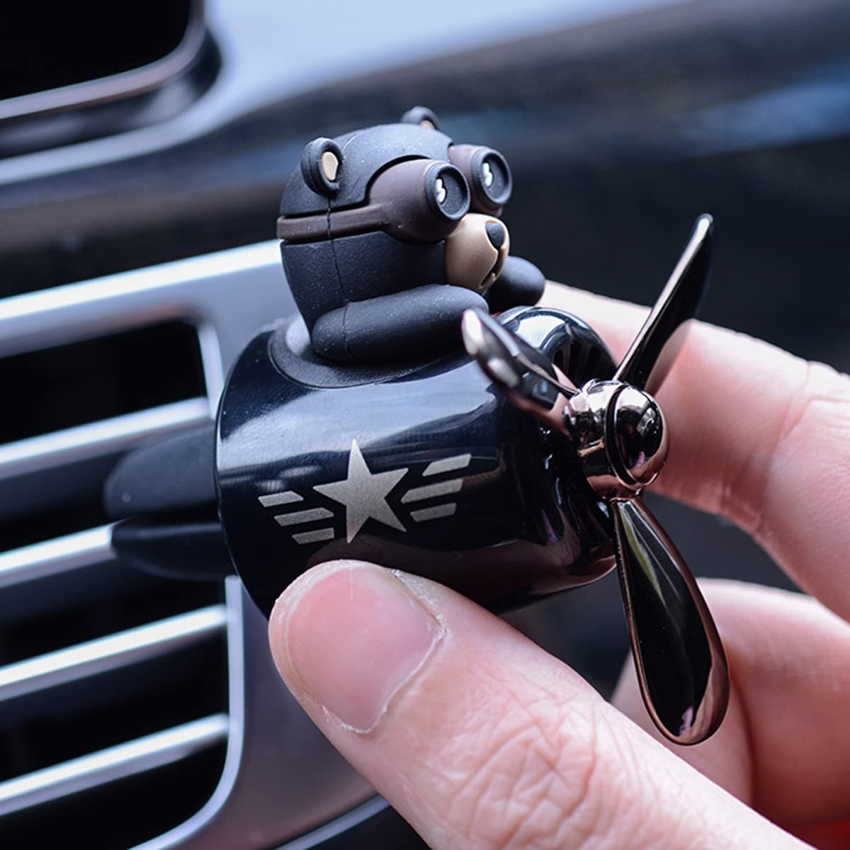 JetBravo Cute Bear Car Air Freshener - Reusable Vent Clip Aroma Diffuser with Rotating Propeller - Black Car Interior Decor & Aromatherapy Accessory - Perfect for Road Trips, Daily Commutes and Office Cars