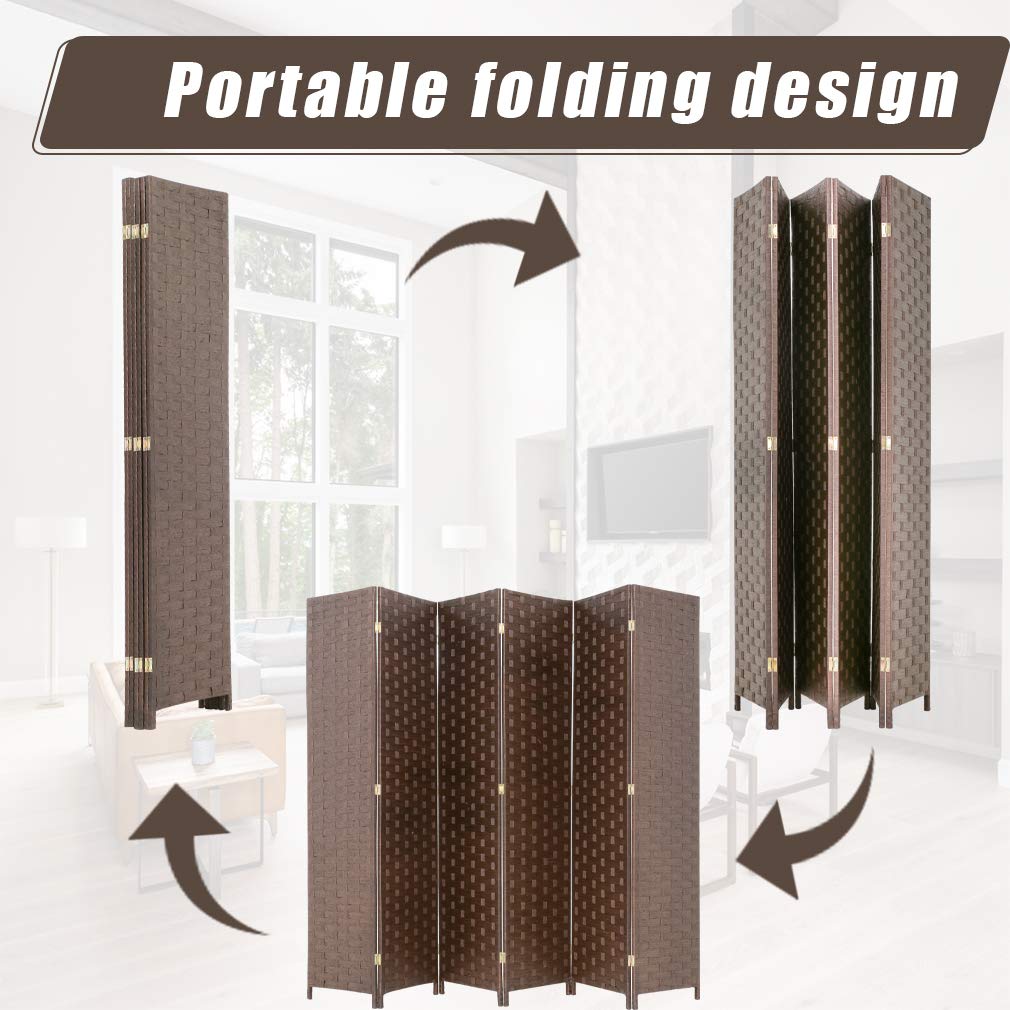 6-Panel Wood Mesh Woven Room Divider - Foldable Privacy Screen for Home Office, Bedroom & Living Room | Portable Partition with Natural Brown Finish | Perfect for Creating Private Spaces in Open Areas