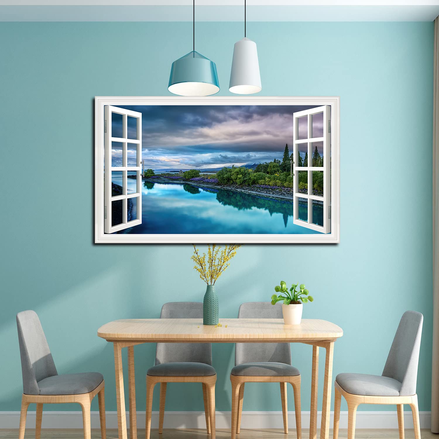 Lake Tekapo Canvas Wall Art - Fake Open Window View Framed Painting for Living Room, Office, Bedroom - Ready to Hang - Perfect for Home Decor & Relaxation