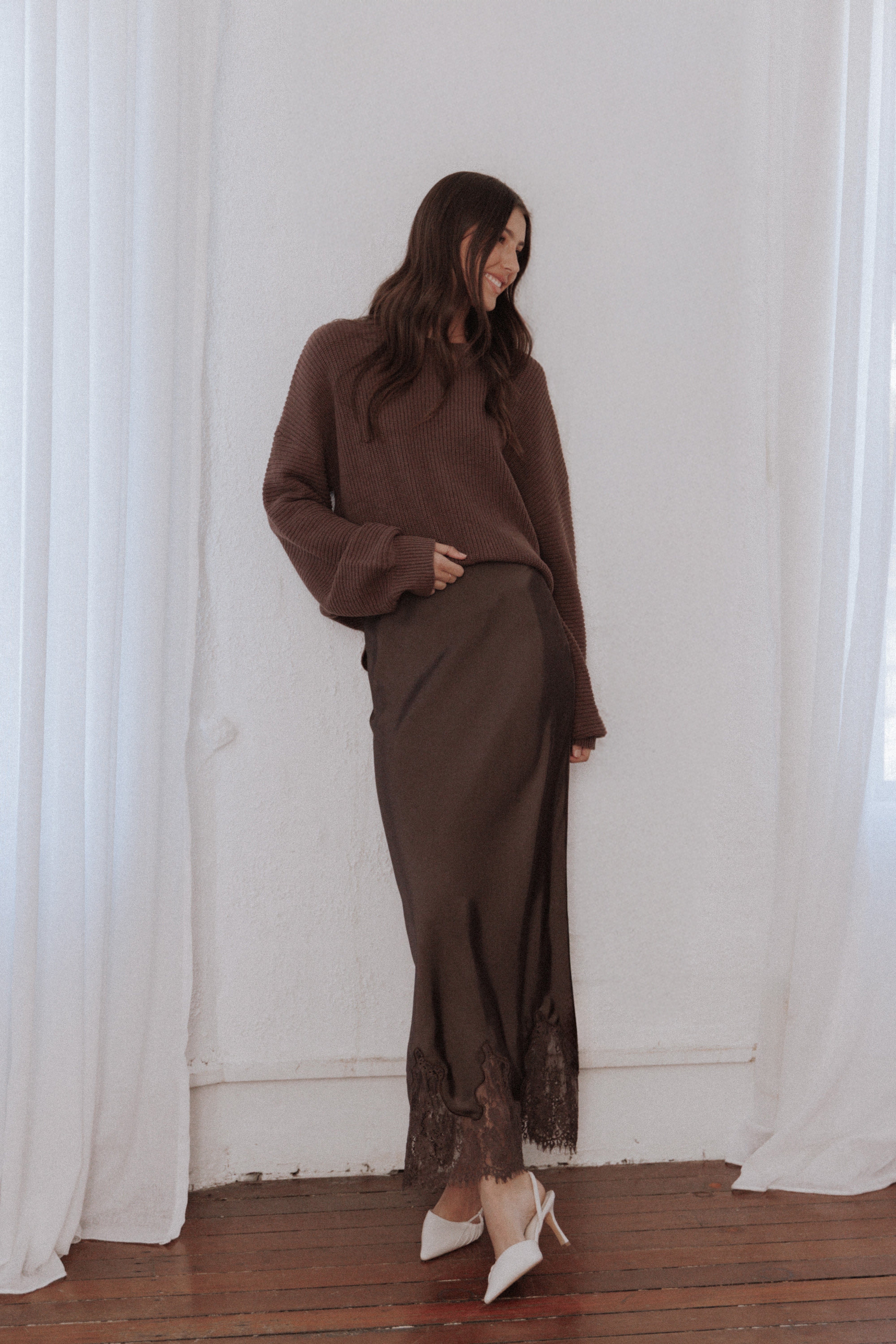 Stylish Alira Lace Trim Midi Skirt in Brown - Perfect for Casual Outings, Date Nights & Summer Fashion