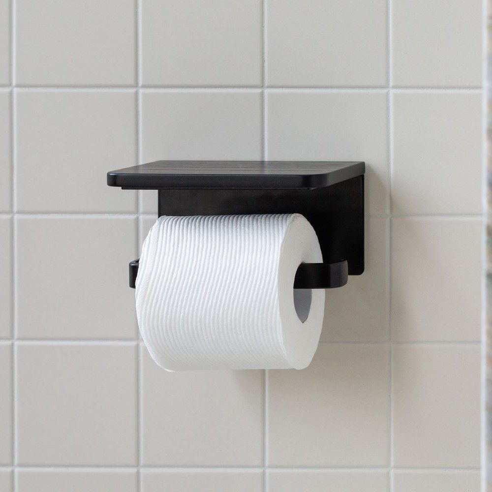 DESIGNSTUFF Black Single Toilet Paper Holder with Shelf - Bathroom Storage Organizer for Small Spaces & Modern Home Decor