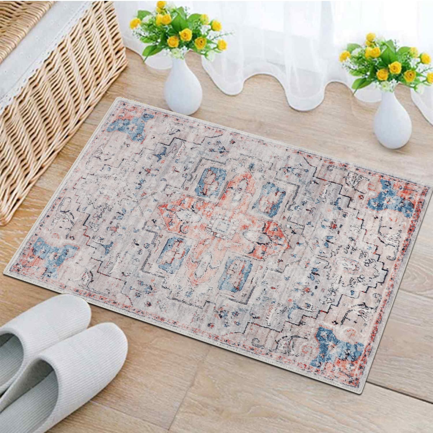 Vintage Boho 2'x3' Non-Skid Washable Small Area Rug - Faux Wool Low Profile Doormat for Entrance, Kitchen, Laundry, Bathroom & Bedroom | Non-Shedding Floor Mat for Home Decor & High Traffic Areas