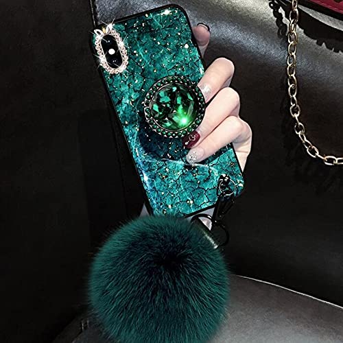 Sparkly Bling Phone Case with Glass Screen Protector & Fur Tassel Strap - Slim Soft Kickstand Cover for Oppo Reno 5 Lite (Green) | Perfect for Women's Fashion Accessories & Daily Protection
