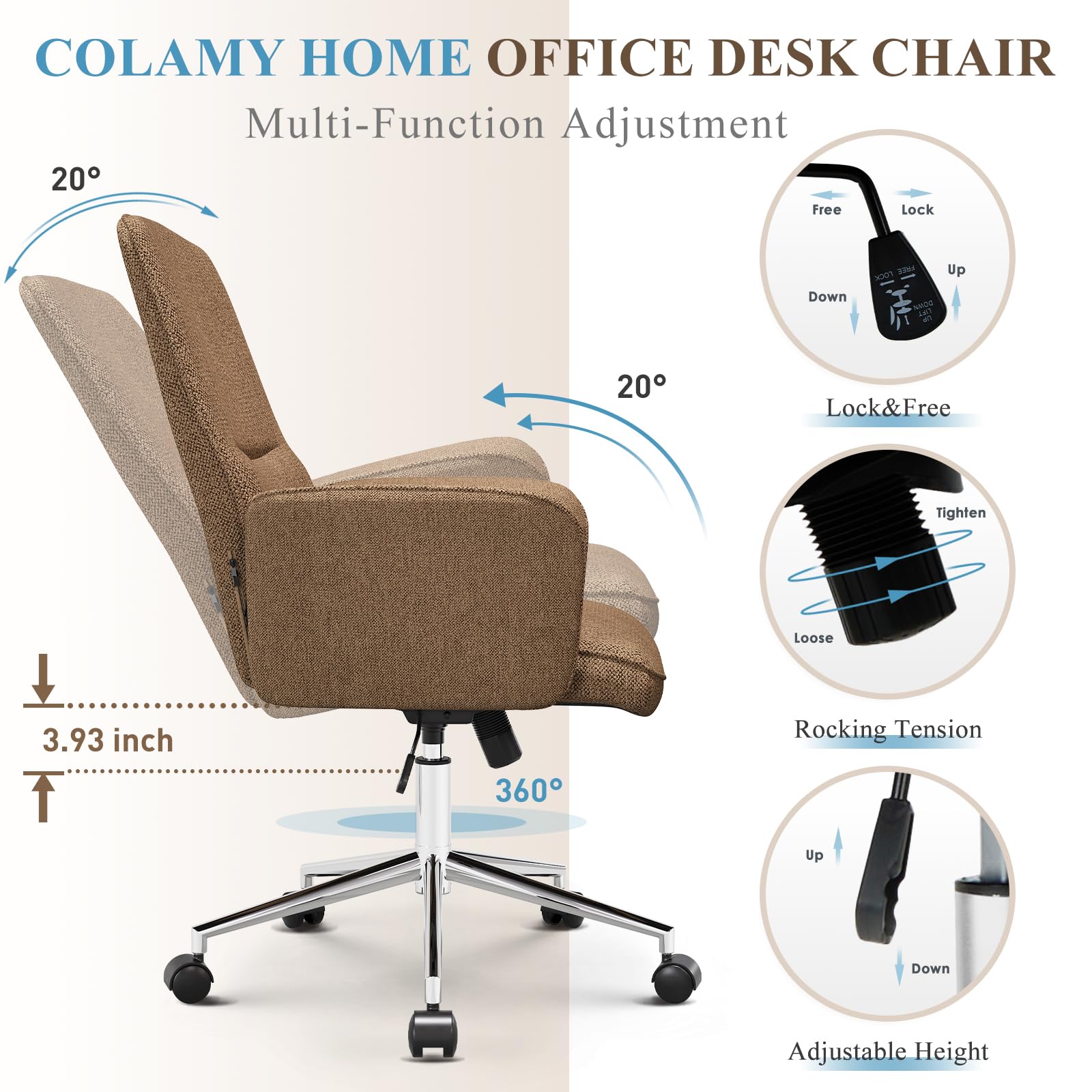 COLAMY Ergonomic Fabric Office Chair with Wheels & Armrests - Adjustable Swivel Computer Desk Chair for Home Office, Gaming, Makeup Vanity & Bedroom - Camel Upholstered Comfortable Task Chair