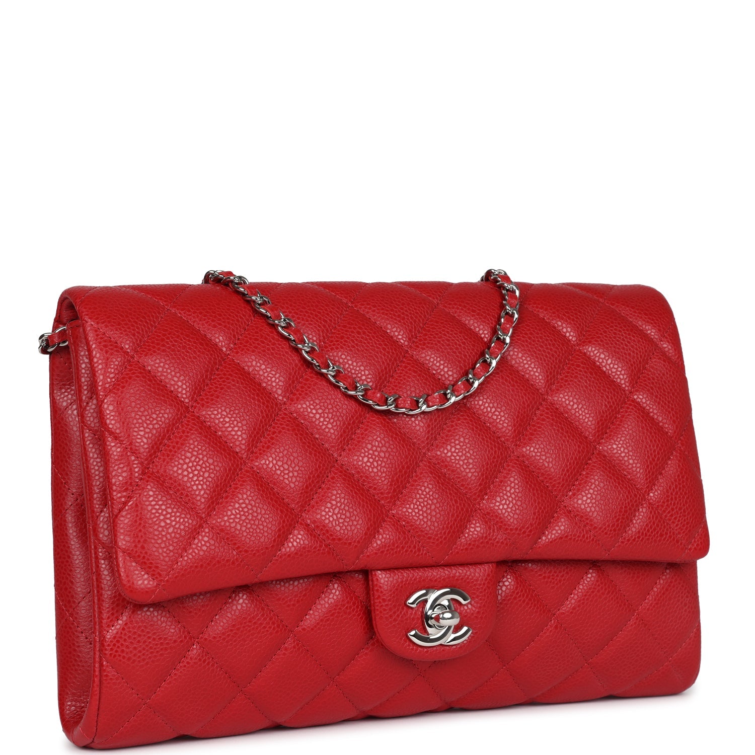 Chanel Red Caviar Quilted Chain Clutch Bag with Silver Hardware - Elegant Evening Out & Special Occasion Accessory
