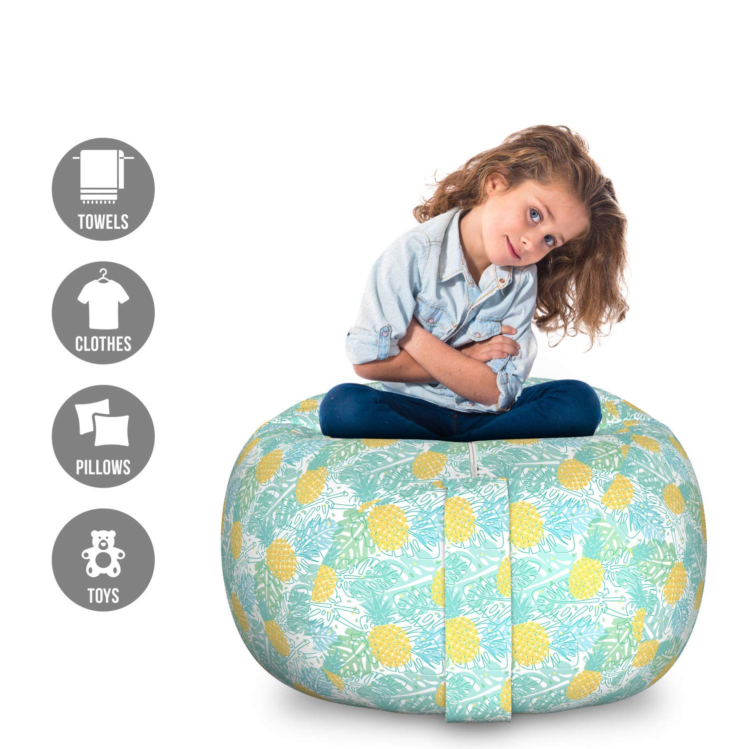 Ambesonne Luau Storage Toy Bag Chair - Large Washable Stuffed Animal Organizer with Tropical Leaf & Pineapple Print - Perfect for Kids' Room, Playroom, and Beach Party Decor (Yellow Seafoam)