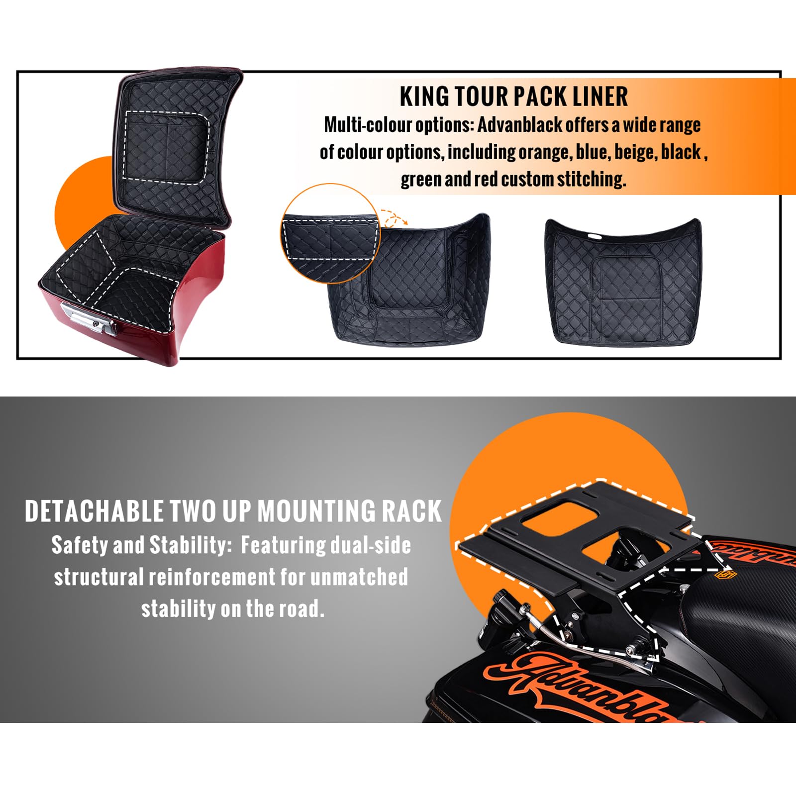 **Amber Whiskey Tour Pack for Harley-Davidson Motorcycles - Detachable Mounting Bracket, Black Stitching Liners & Top Luggage Rack - Fits 2014+ Harley Touring Models - Perfect for Long-Distance Rides & Road Trips**