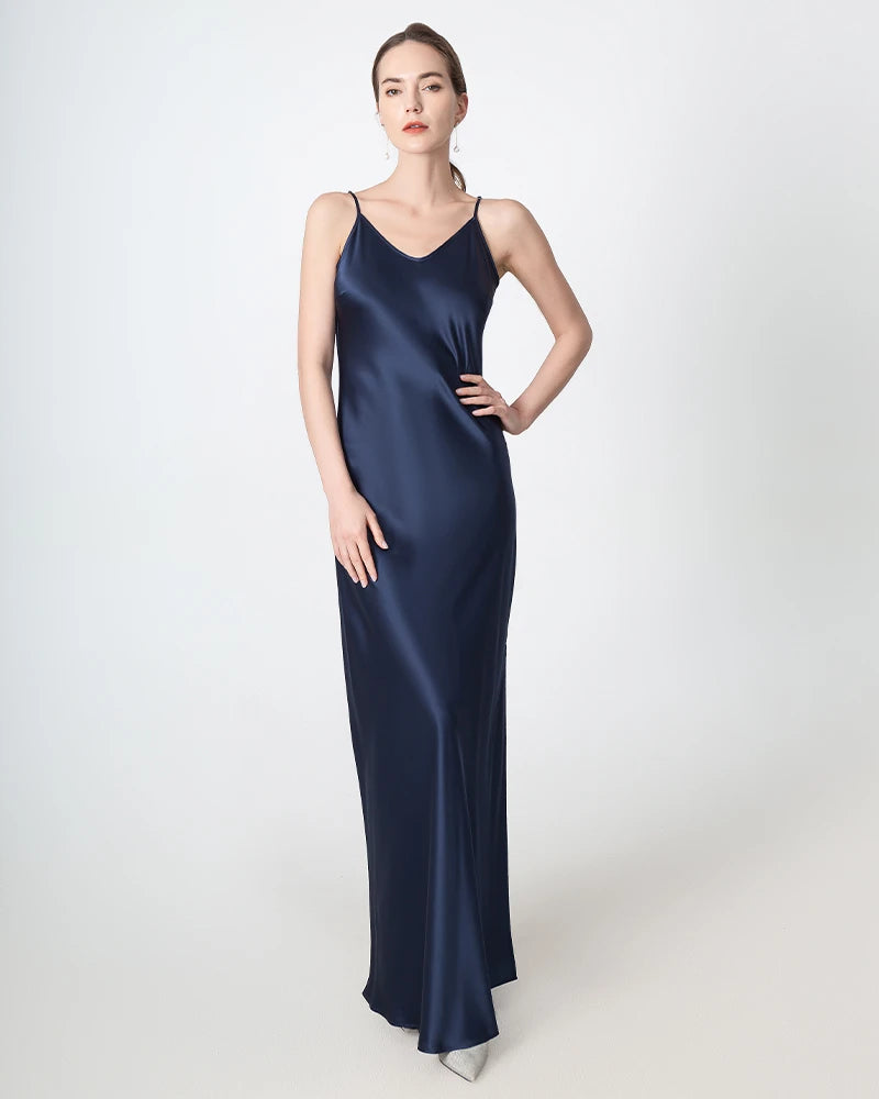 Elegant Slit V-Neck Maxi Silk Dress for Women - Flowy Long Formal Evening Gown - Perfect for Weddings, Parties & Special Occasions