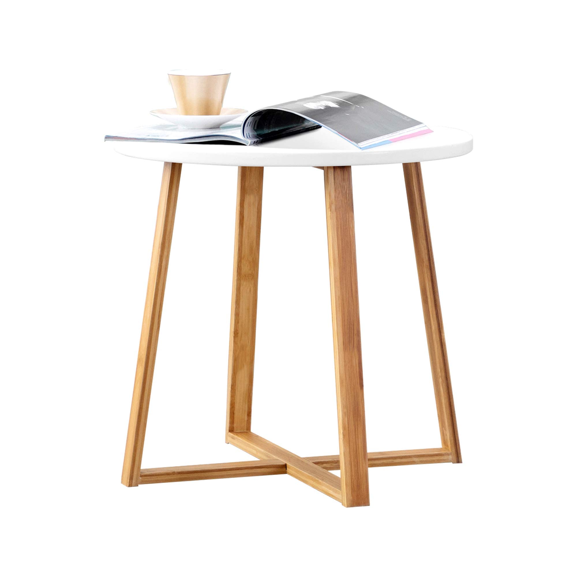 Zoopolyn Bamboo Round Side Table - Small White Coffee Table, End Table, Bedside Table for Living Room, Bedroom & Office - Compact & Stylish Home Decor