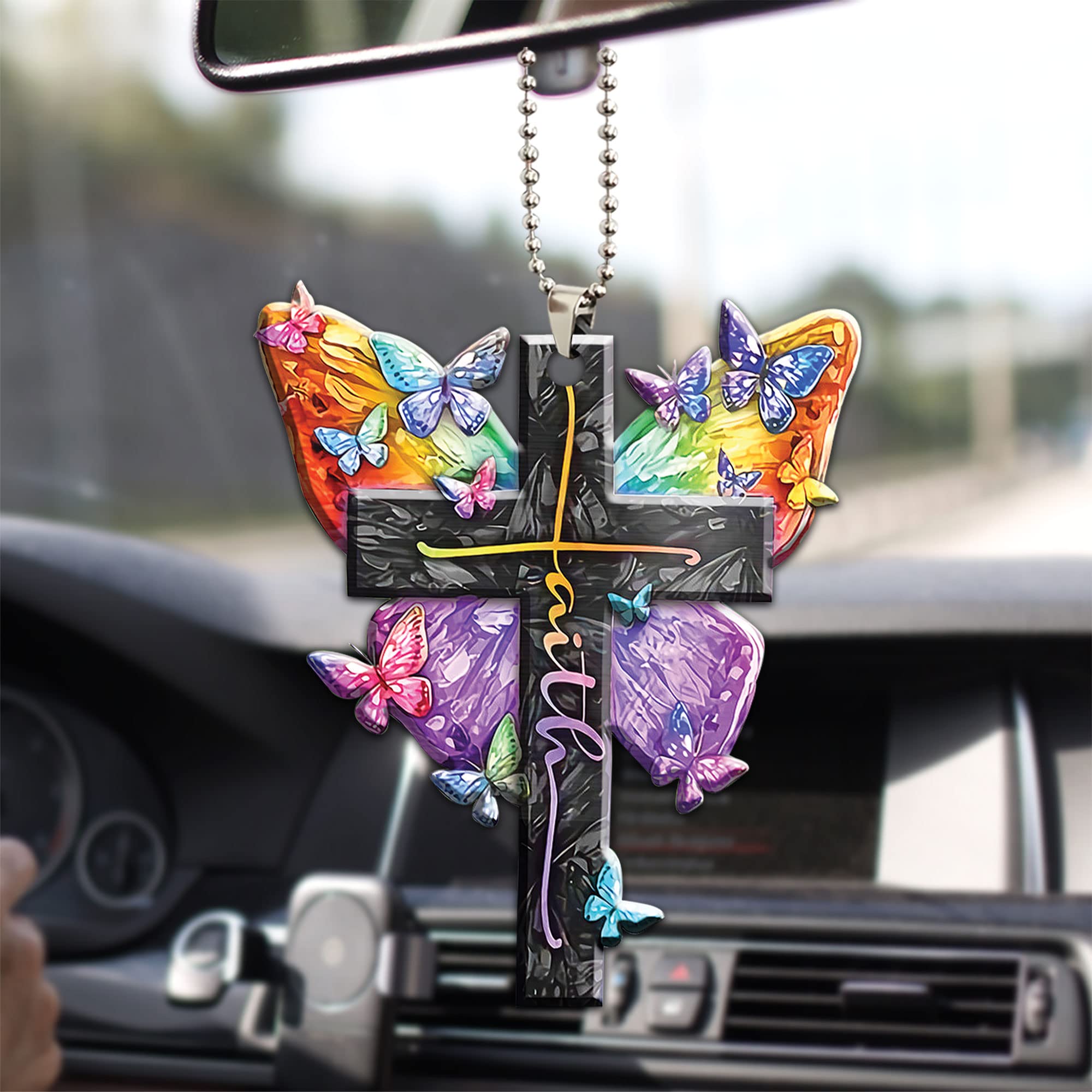 Talataca Colorful Butterfly Faith Jesus Cross Christian Car Rearview Mirror Charm - 2D Flat Hanging Pendant Decor for Christmas Tree Ornament, Interior Decoration & Gift (Perfect for Car Accessories, Home Decor, Holiday Gifts)