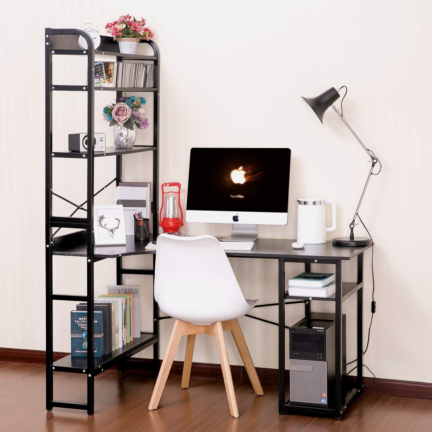 Binrrio Large Home Office Computer Desk with 4-Tier Bookshelf - Black Writing Workstation for Laptop, Study & Workspace - Perfect for Small Spaces & Remote Work