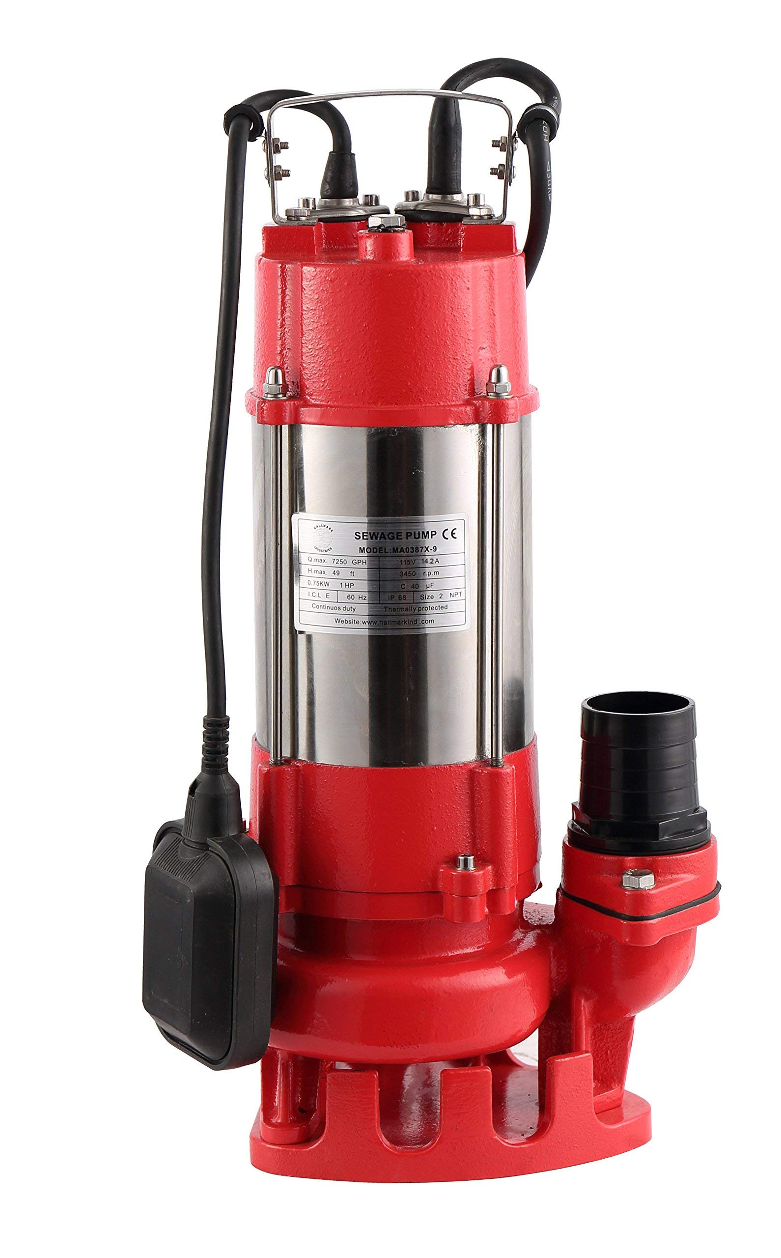 Hallmark Industries MA0387X-9 1HP Stainless Steel Sewage Pump with Float Switch - 7250 GPH, 49' Lift, 20' Cable - Heavy Duty for Basement, Sump Pit & Flood Control (115V)