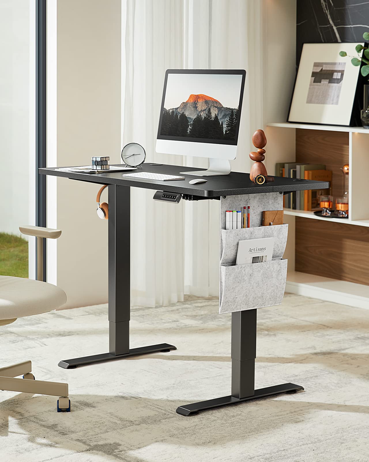 Marsail 48 x 24 Inch Electric Adjustable Height Standing Desk with Storage Bag - Sit Stand Desk for Home Office, Gaming & Workstation - 4 Memory Presets, Cable Management & Headphone Hook - Perfect for Remote Work, Video Calls & Ergonomic Workspace Setup
