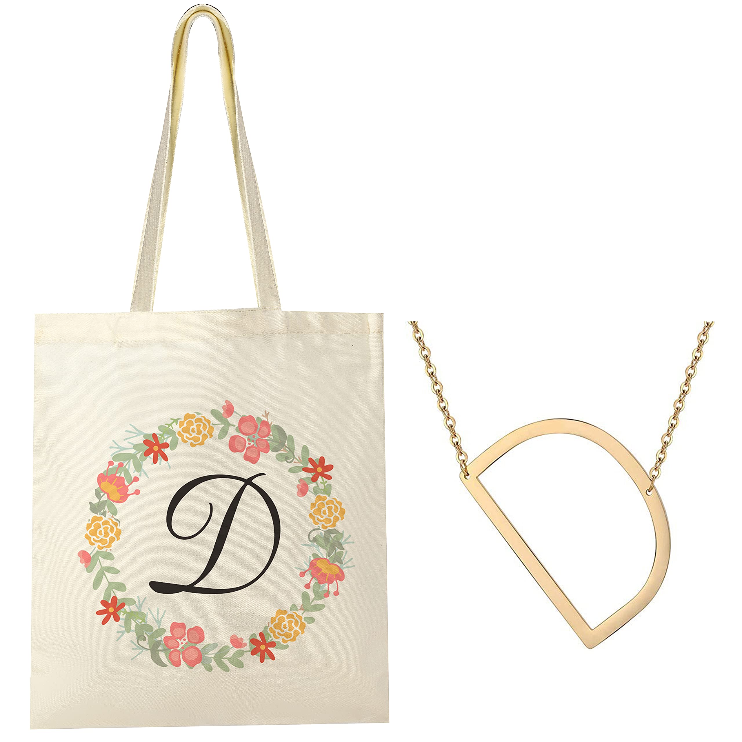 A-Z Initial Letter Tote Bag & Necklace Set - Personalized Women's Gift for Bachelorette Party, Bridesmaid Proposal, Birthday & Everyday Use