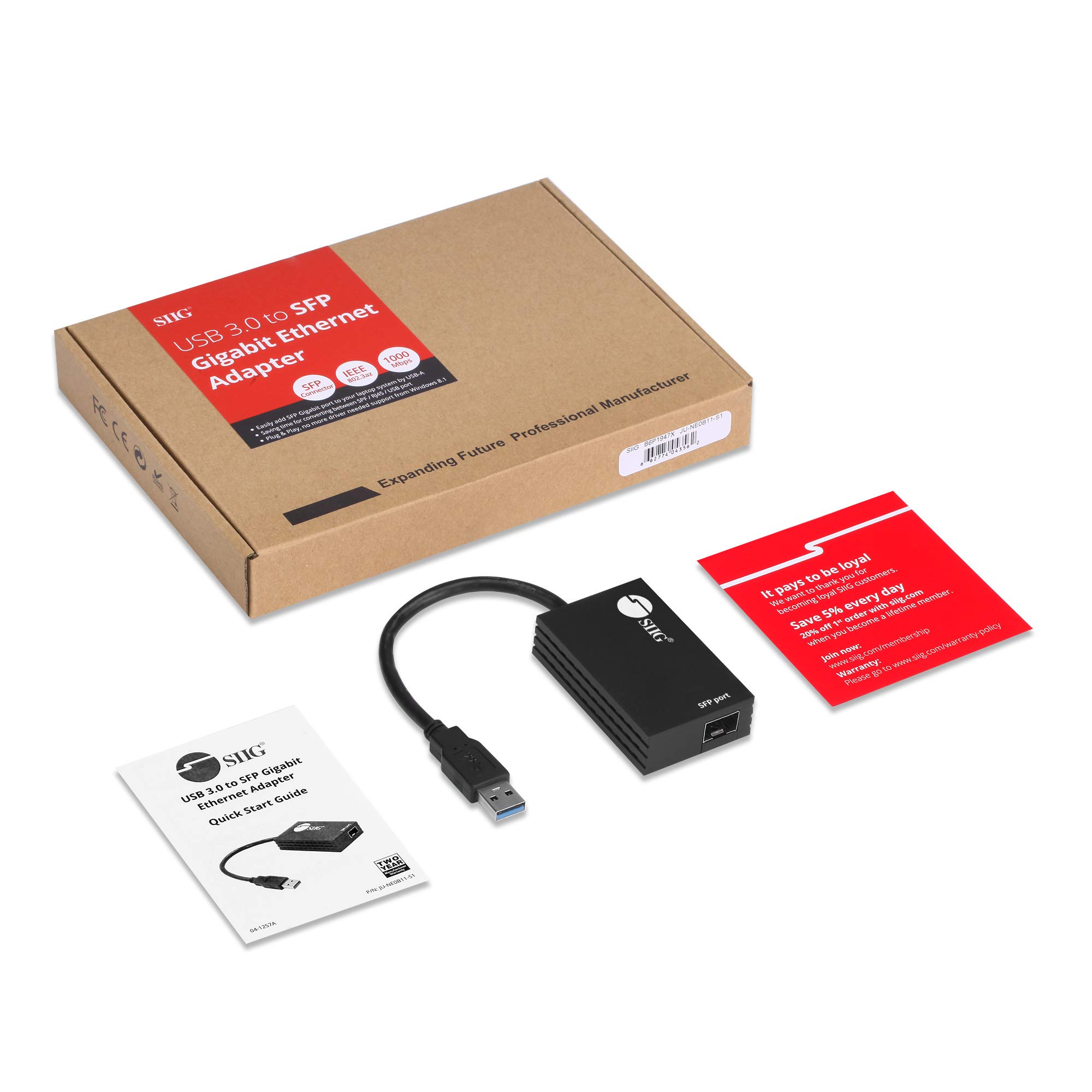 SIIG USB 3.0 to SFP Fiber Optic Gigabit Ethernet Adapter Converter - 1000/100/10 Mbps High-Speed Data Transfer - USB 3.0 Type-A to SFP Female - Realtek RTL8153 Chip (JU-NE0B11-S1) - Ideal for Home Office, Data Centers & High-Speed Networking