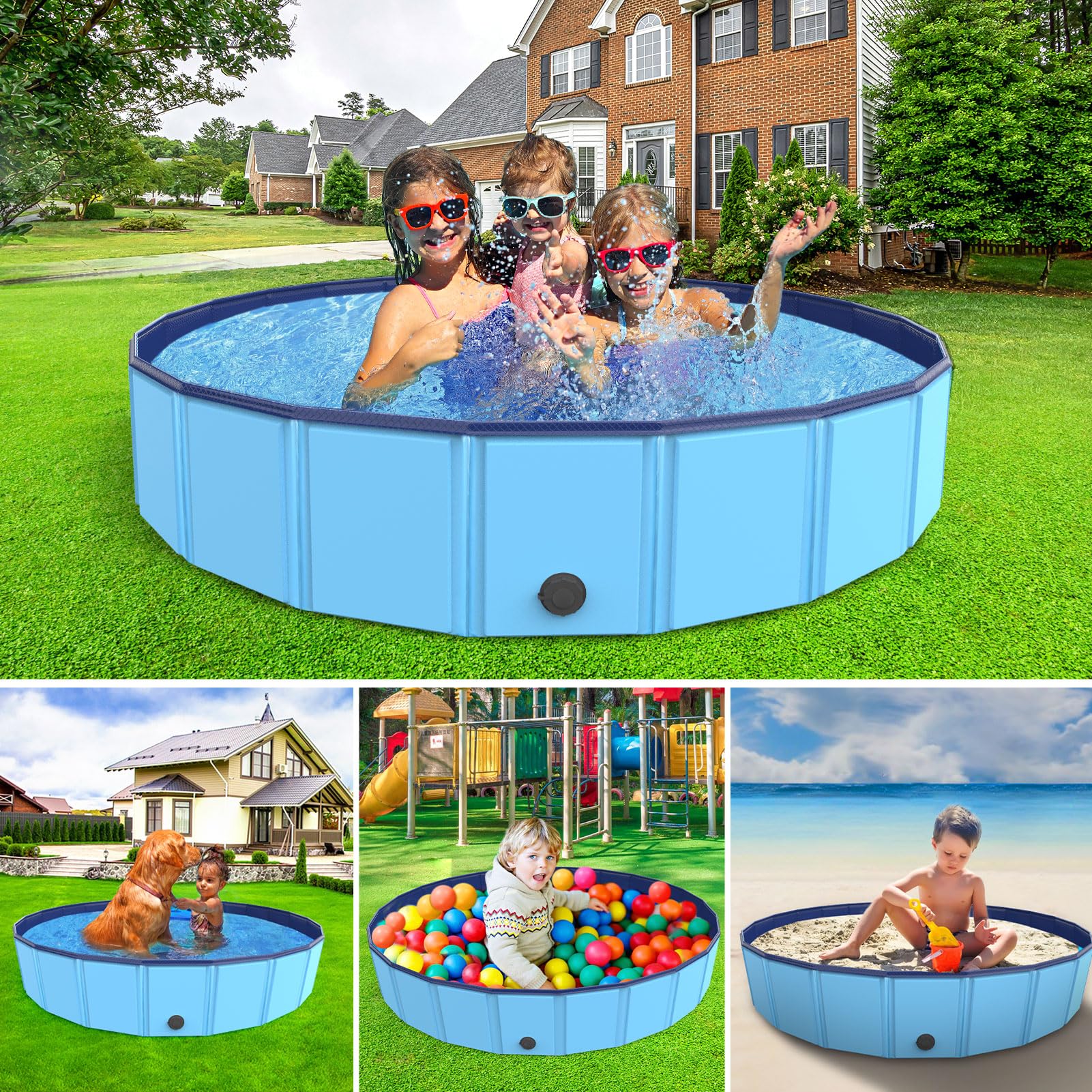 Foldable Dog Pool - Portable PVC Pet Swimming & Bathing Tub with Drainage for Dogs, Cats & Kids (63