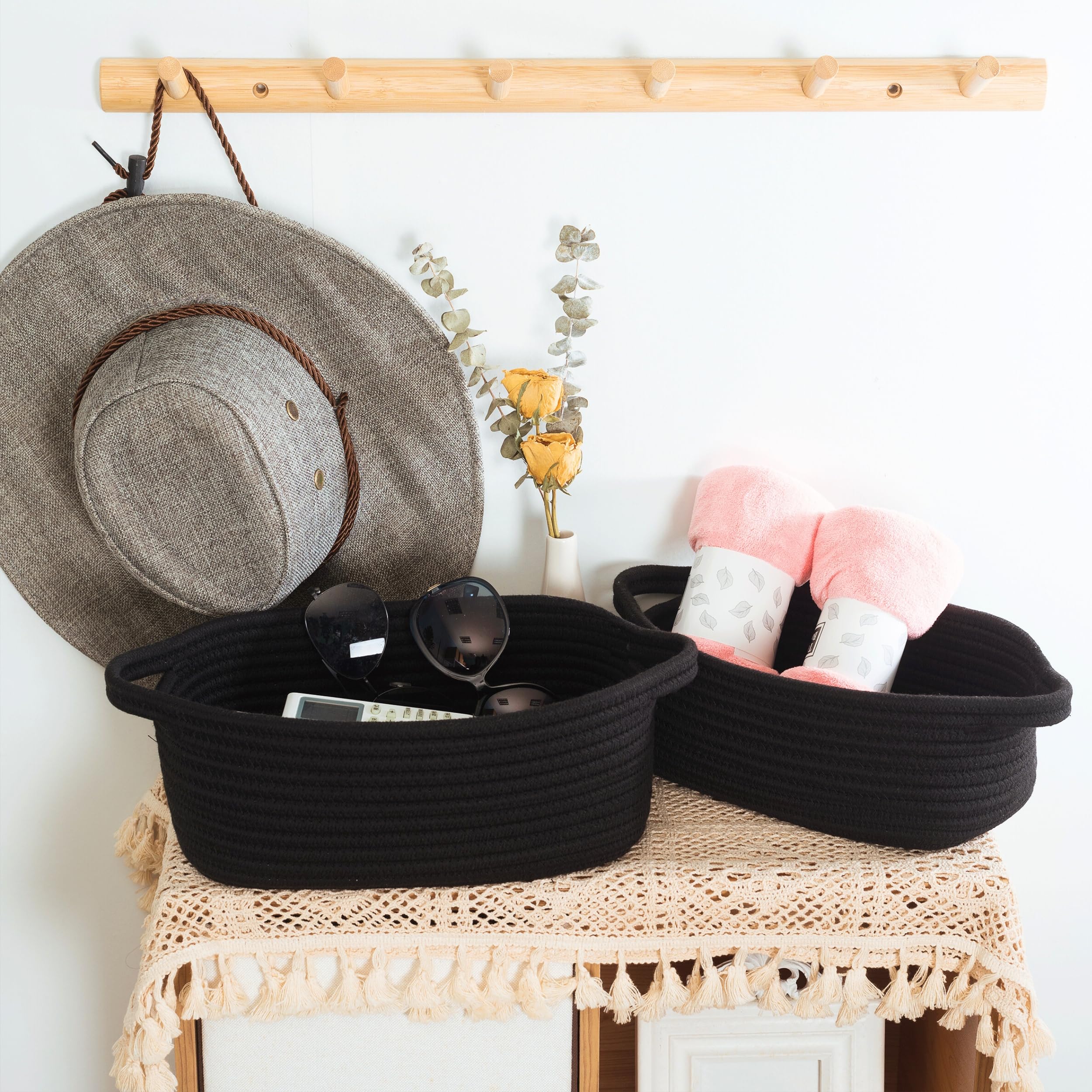 MINTWOOD 5-Piece Woven Storage Baskets Set - Small Rope Organizer Bins for Shelves, Pantry, Bathroom & Nightstand - Pet Toy Basket Box - Perfect for Home Organization (Black) - Ideal for Bedroom Closet, Kids Room & Office Desk Storage