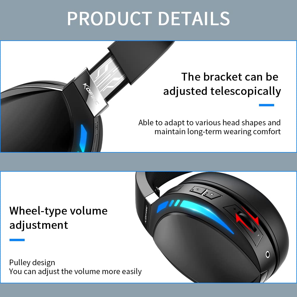 SLuB Gaming Headset with 3.5mm Wired & Bluetooth 5.0, Foldable Over-Ear Headphones with Surround Sound, Noise-Cancelling Mic, RGB LED Lights for PC, PS5, PS4 - Perfect for Gaming, Streaming & Online Classes