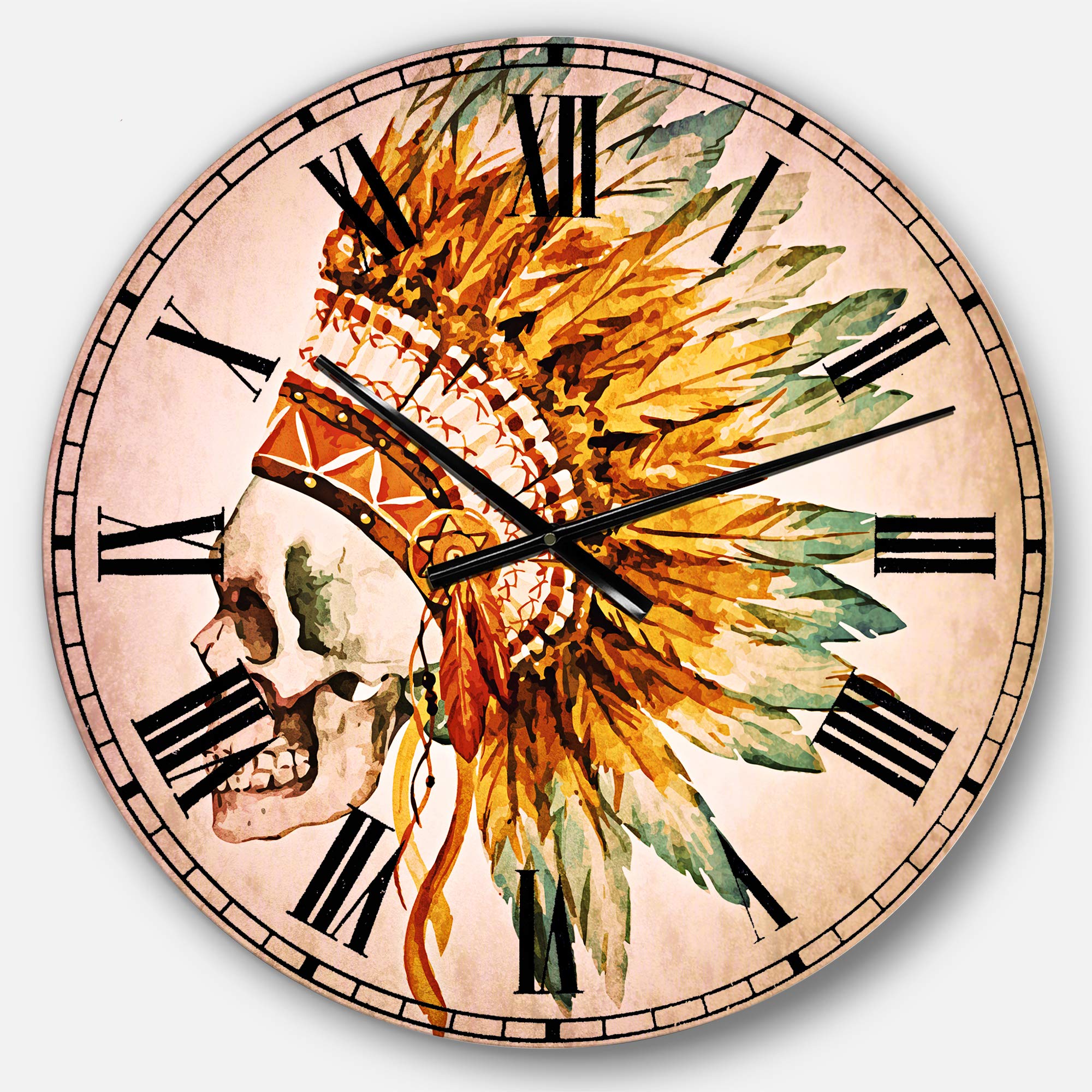 Designart Skull with Feathers Bohemian Wall Clock - Round Metal Wall Art Decor for Living Room, Bedroom, Office | Unique Home Decor Gift Idea for Eclectic & Gothic Style Interiors