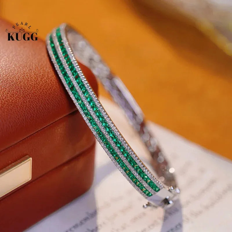 18K White Gold Diamond & Emerald Bangle for Women - Luxury Shiny Design, 100% Real Natural Stones - Perfect for Senior Banquets, Weddings & Special Occasions