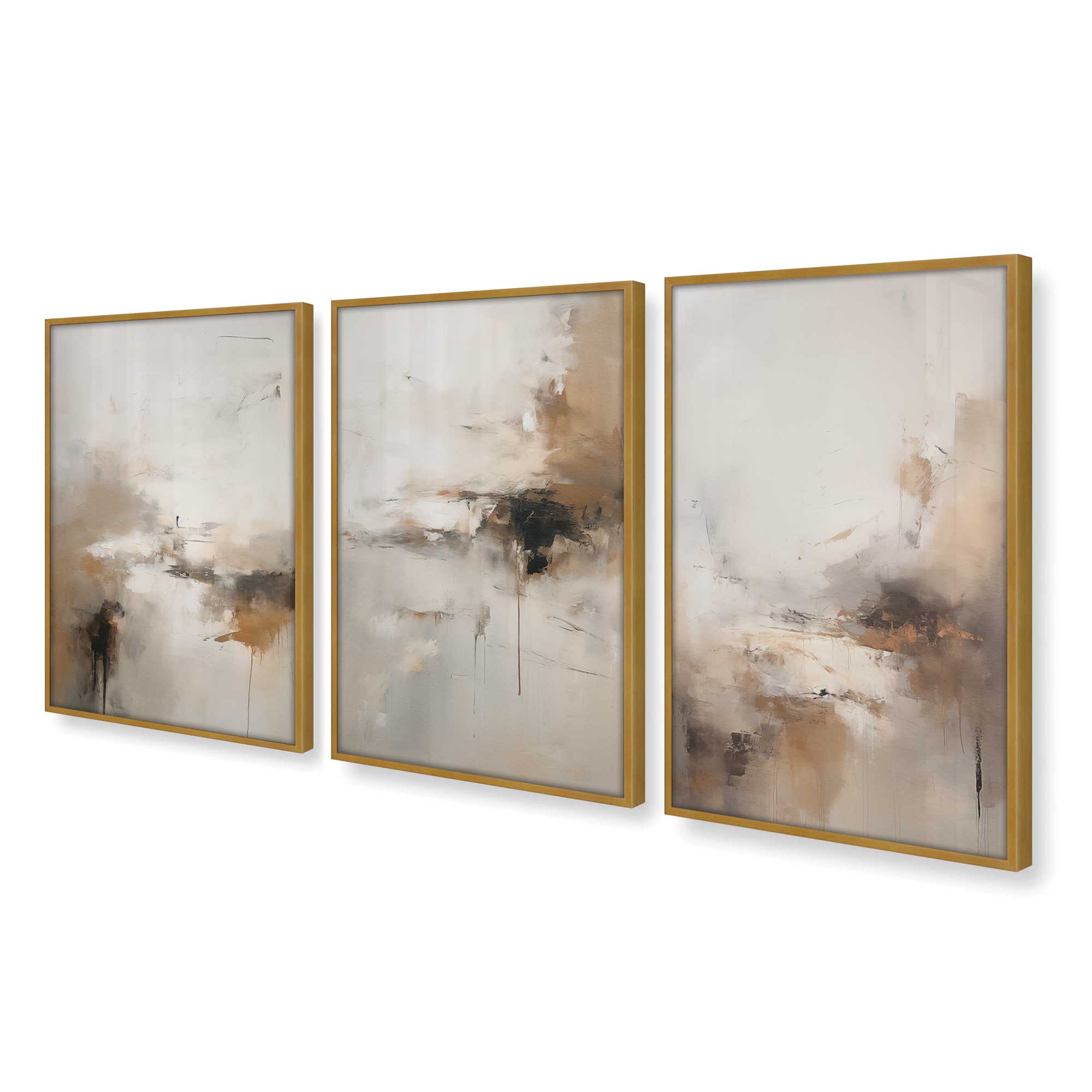 Elegant Gold Gilded Gust - Set of 3 Framed Wall Art Prints for Living Room, Bedroom & Office Decor