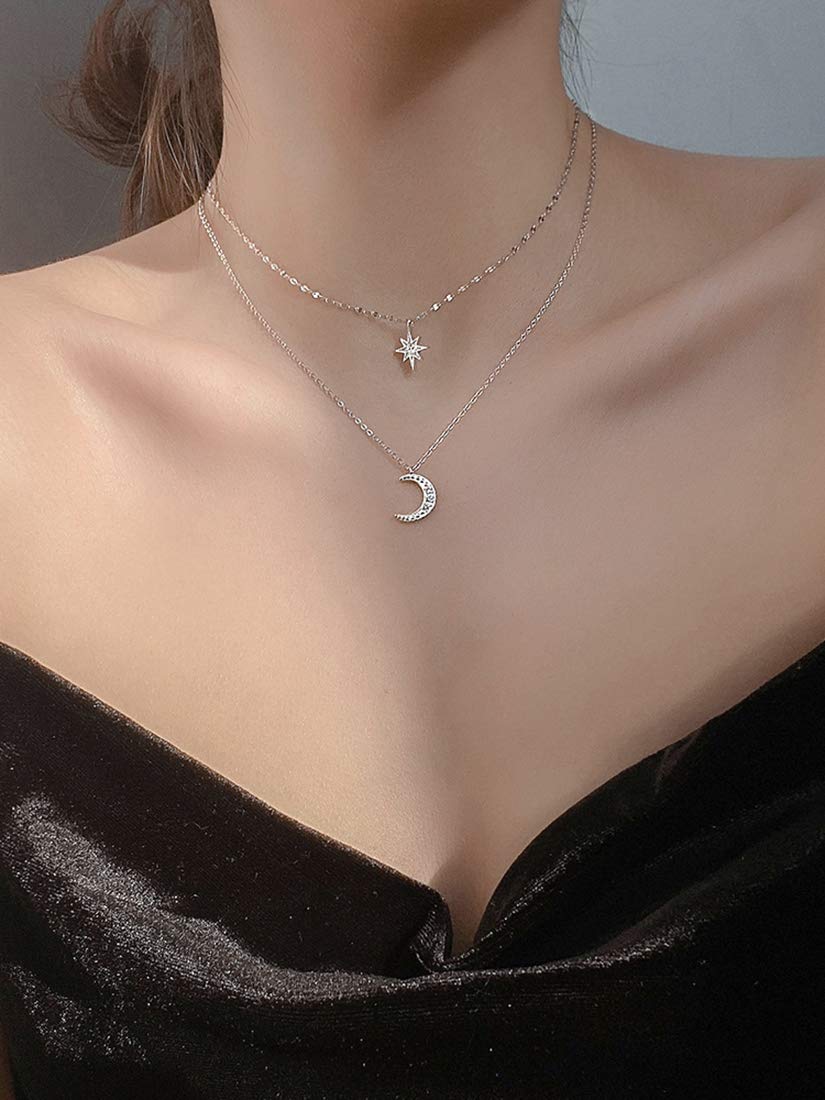 925 Sterling Silver Star Moon Choker Necklace for Women - Dainty Layered Chain Necklace - Perfect for Layering, Gift Giving & Everyday Wear