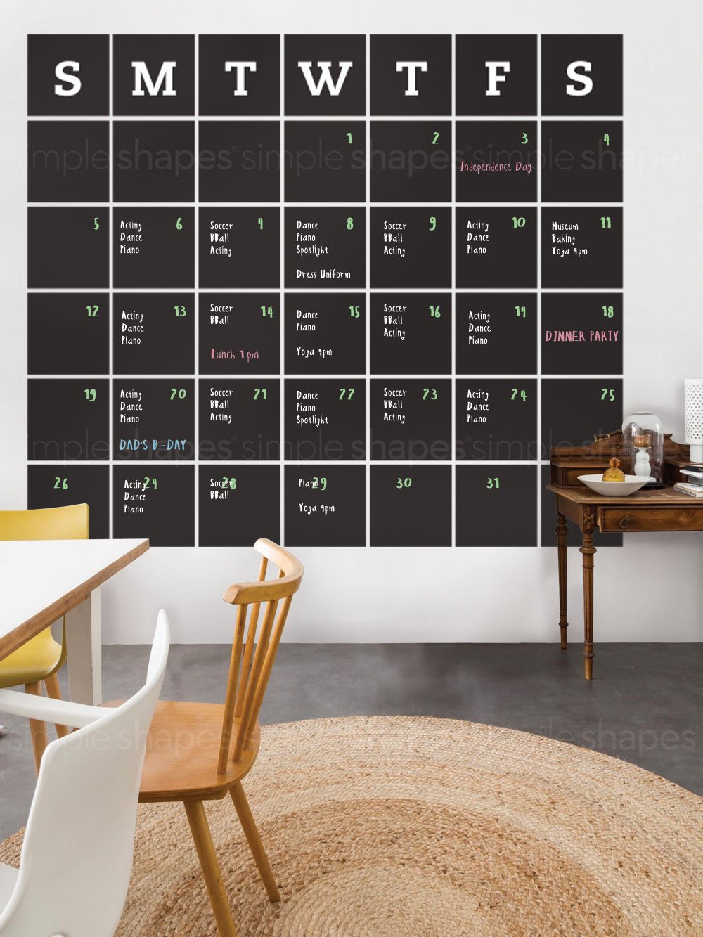 Extra Large Chalkboard Wall Decal Calendar - Reusable Blackboard Calendar for Home, Office & Classroom Organization - Simple Shapes Wall Planner for Daily Scheduling
