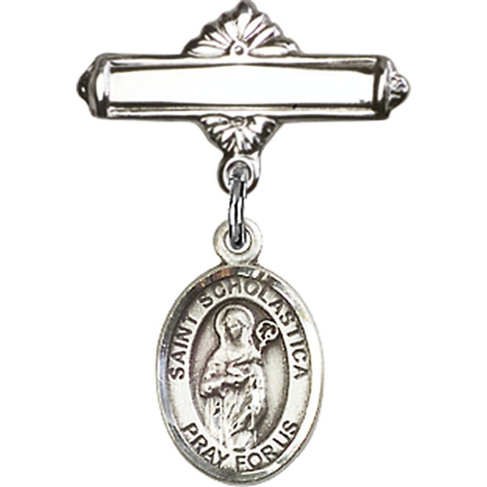 St. Scholastica Sterling Silver Baby Badge Charm - 1 X 5/8 Inch Polished Pin for Christening, Baptism & First Communion Gifts