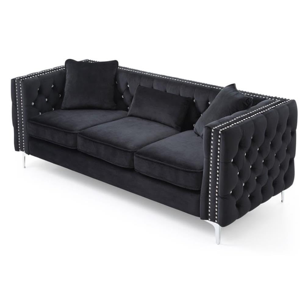 Glory Furniture Paige Velvet Sofa in Black - Luxurious Velvet Upholstered Living Room Couch for Modern Home Decor