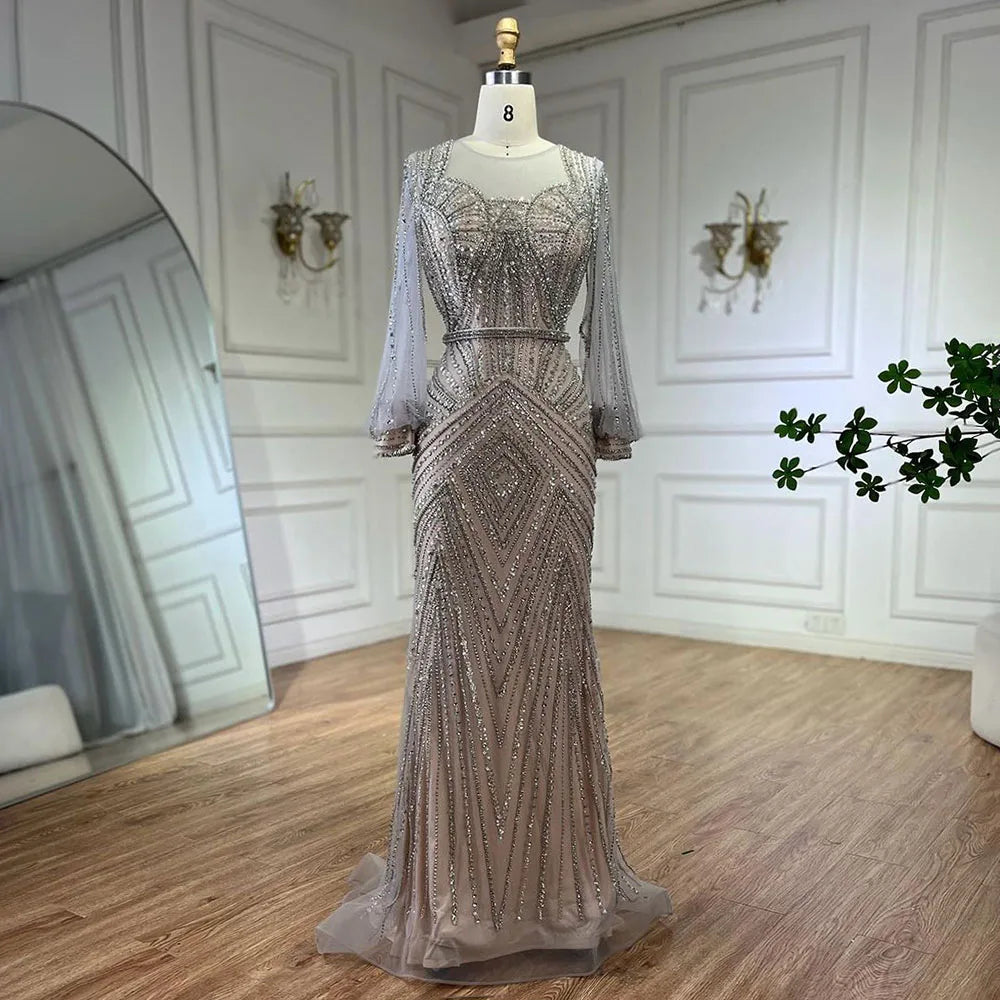Elegant Arabic Silver Beaded Mermaid Evening Gowns for Women - Luxury Dubai Wedding & Party Dresses 2025 | Perfect for Red Carpet Events, Galas & Formal Occasions
