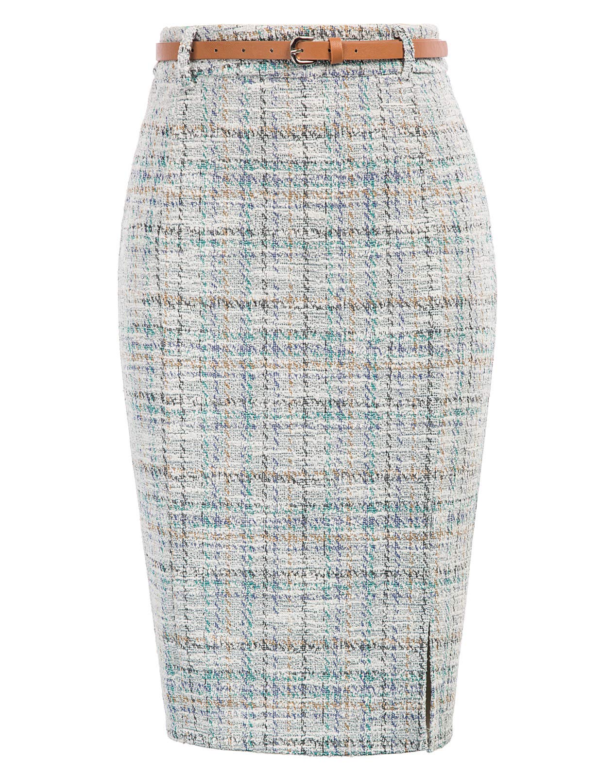 Kate Kasin Women's Tweed Pencil Skirt - Knee-Length Stretch Slim Fit Skirt with Belt & Side Slit | Elegant Office Work Skirt for Business, Cocktail Parties & Formal Events