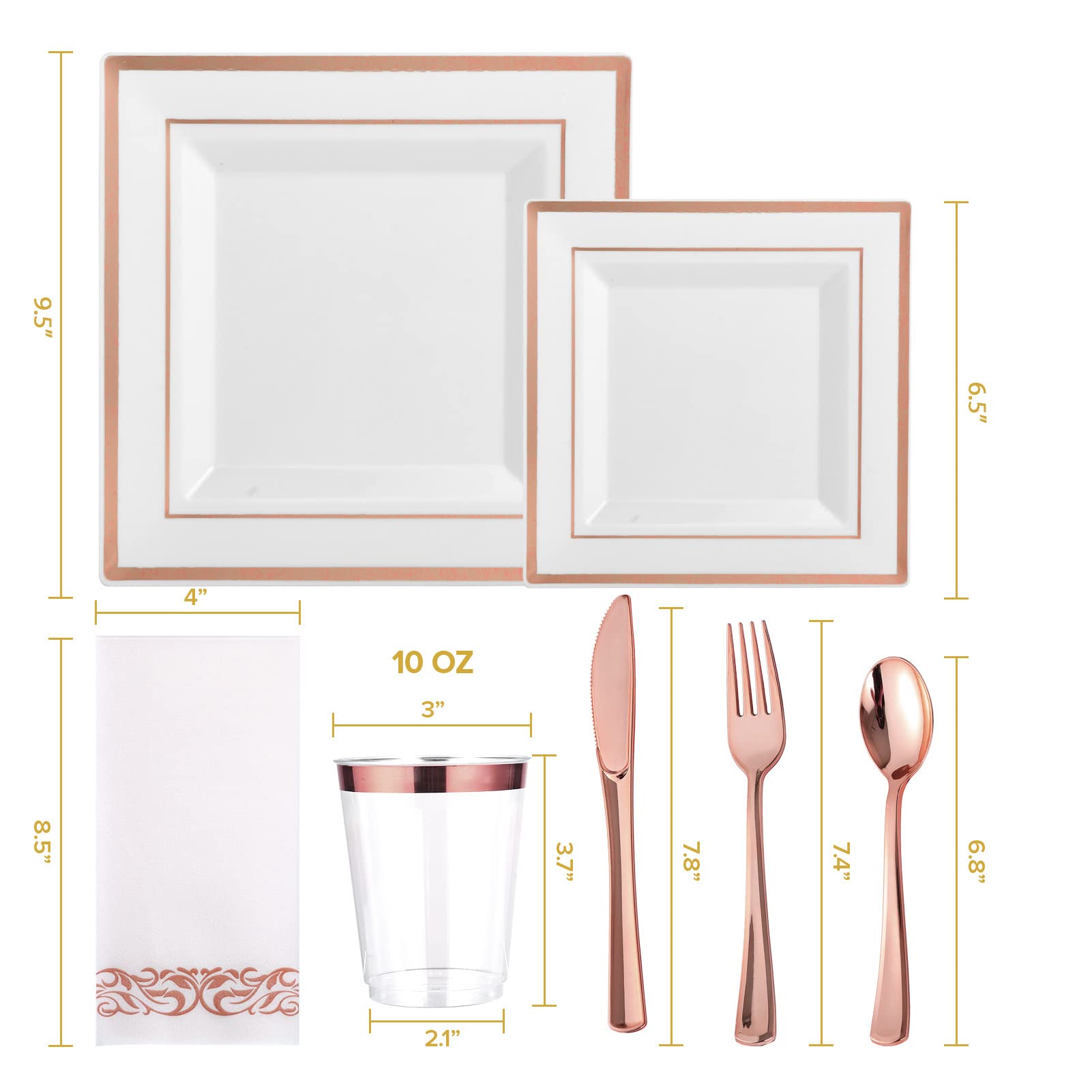 175-Piece Rose Gold Disposable Dinnerware Set for 25 Guests - Elegant Square Plastic Plates with Metallic Rim - Includes 25 Dinner Plates, Dessert Plates, Napkins, Cups & Silverware - Perfect for Weddings, Parties & Special Events