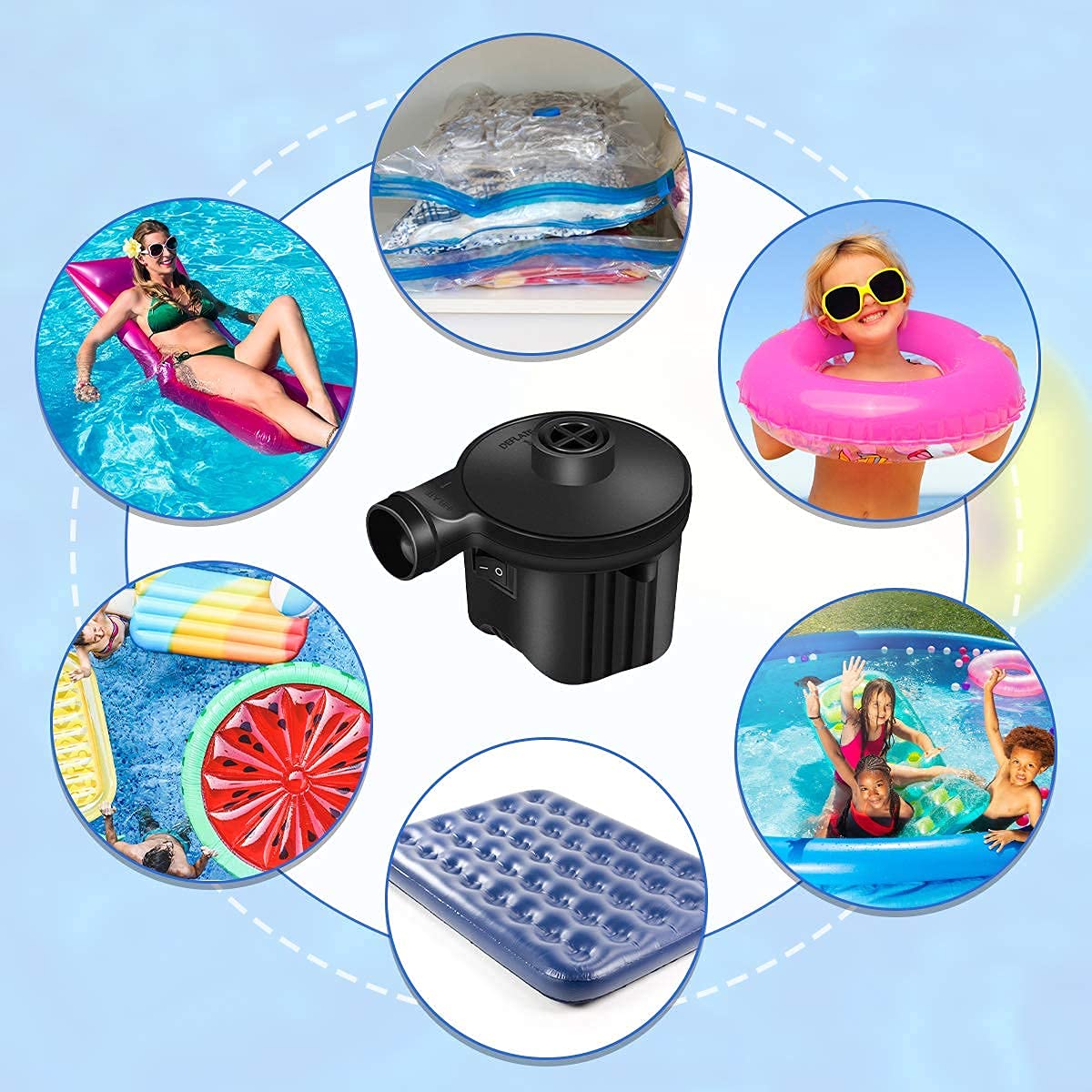 High Power Electric Air Pump - Quick Fill & Deflate for Air Mattress, Inflatable Pool Floats, Swimming Rings, Cushions - 3 Nozzles Included - 110-220V - Black - Perfect for Camping, Travel & Home Use