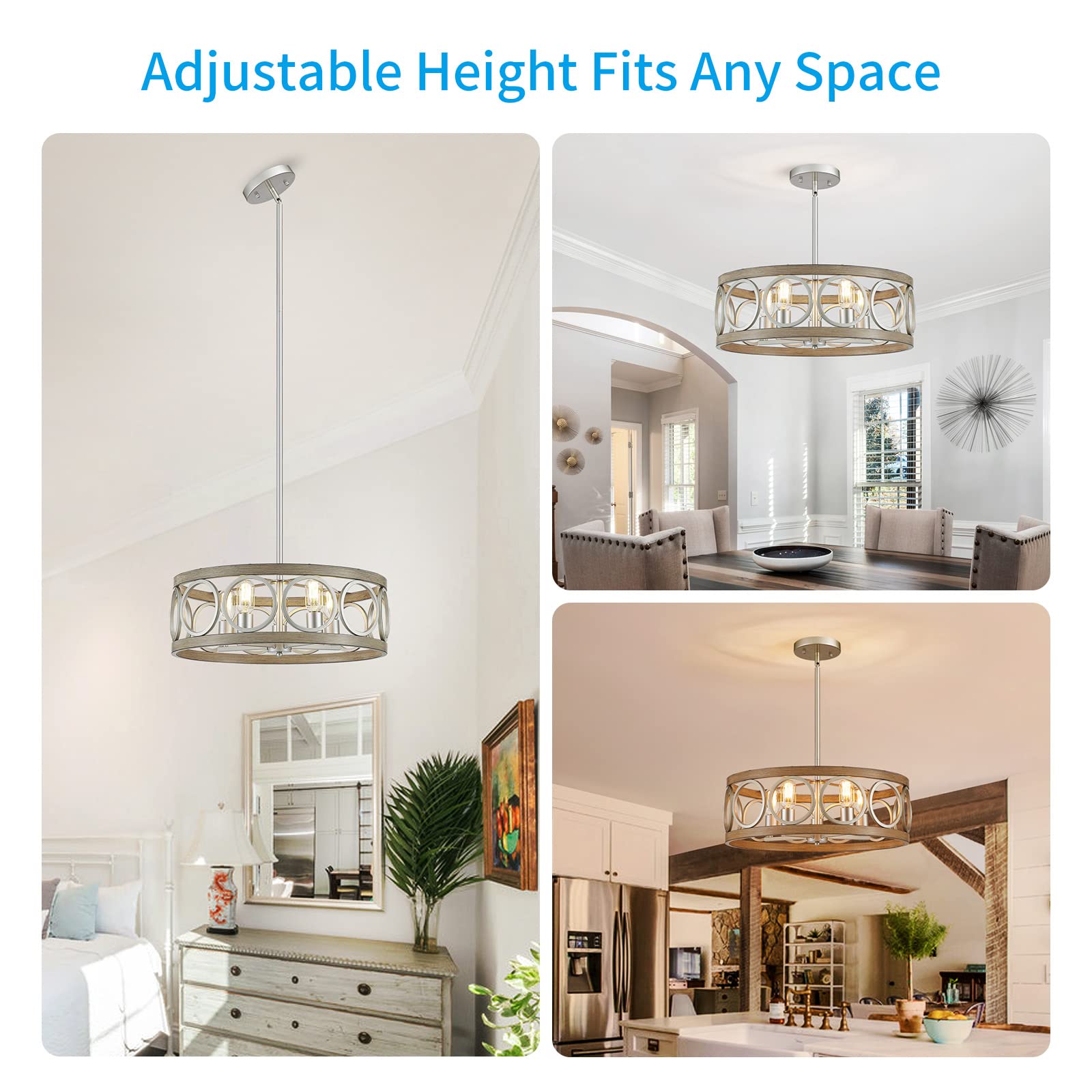 21.7'' Modern Farmhouse Chandelier - 5-Light Drum Ceiling Fixture with Antique Wood Grain & Brushed Nickel Finish - Perfect for Living Room, Dining Room, Kitchen Island or Bedroom Lighting