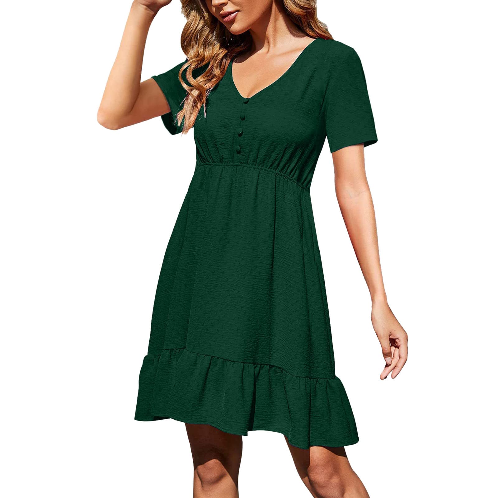 YOYORI Women's Summer Chiffon Dress - V Neck, Corset Slim, Ruffle Short Sleeve, Button Down Casual Dress (Green, Size S) | Perfect for Beach Vacations, Date Nights & Summer Parties