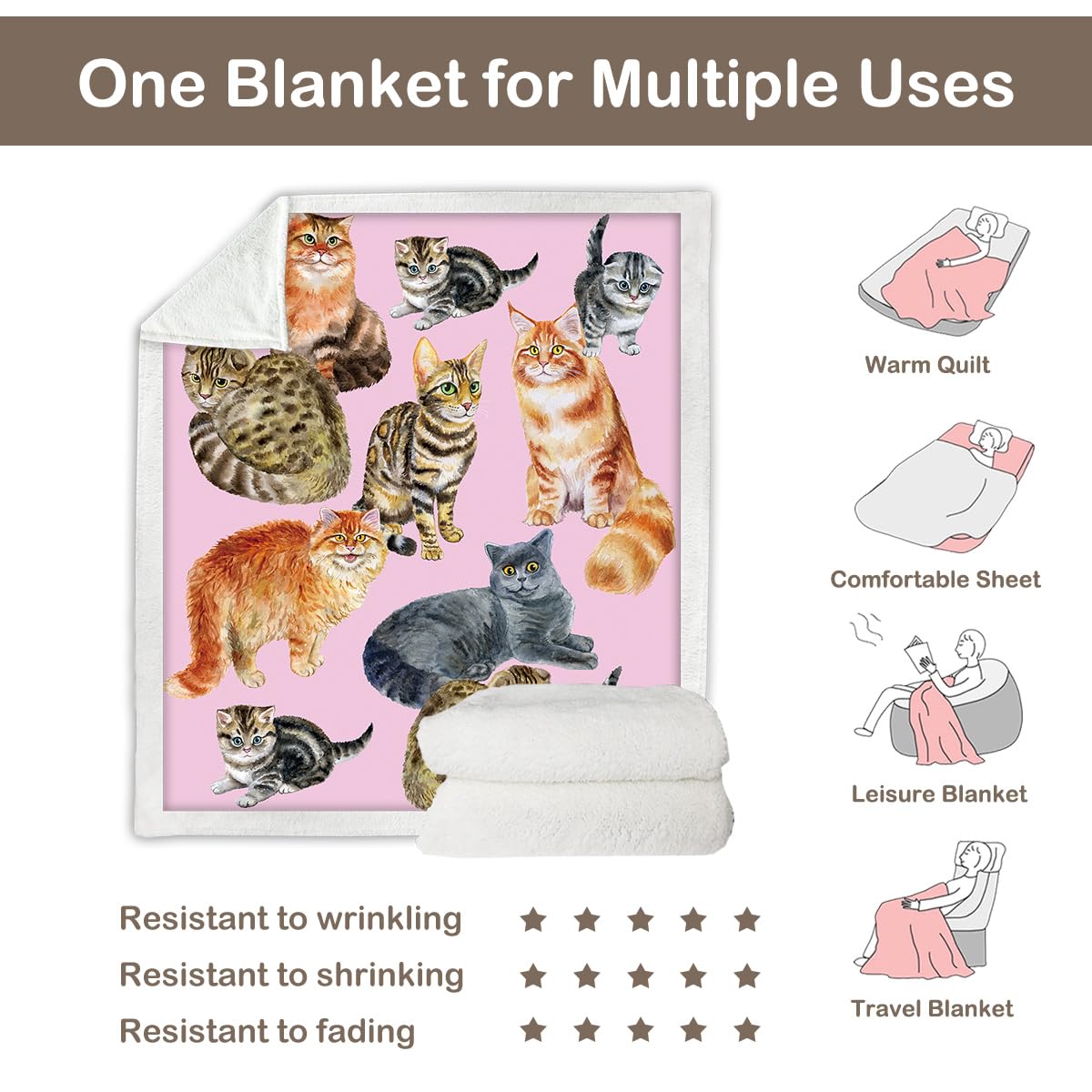 Soft Sherpa Fleece Cat Blanket for Kids & Adults - 50x60 Inch Cozy Throw for Bed, Couch, Chair - Perfect Gift for Cat Lovers (Pink) | Ideal for Nap Time, Movie Nights & Winter Warmth