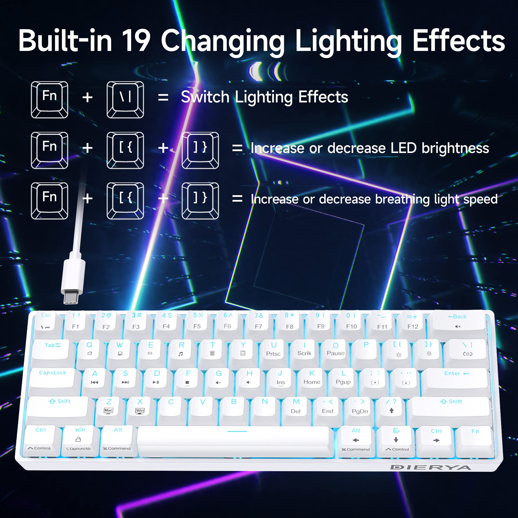 DIERYA DK61SE 60% Compact Mechanical Gaming Keyboard - 61 Keys with Blue Clicky Switches, RGB Backlit, Anti-Ghosting, USB-C Wired for PC, Laptop Gamers & Typists - Perfect for Esports, Office Work & Programming
