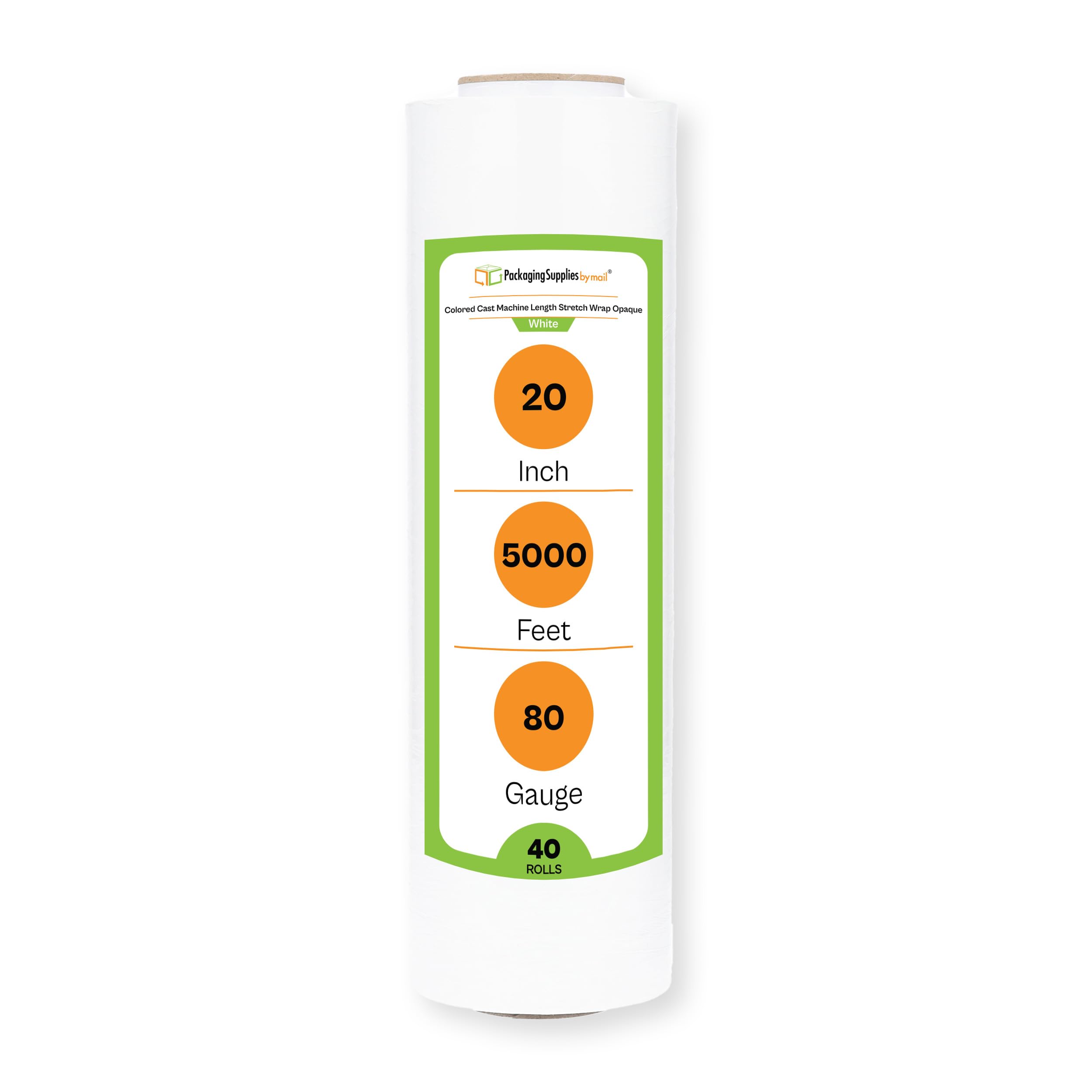 PSBM White Machine Stretch Wrap - 40 Pack, 20 Inch x 5000 Feet, 80 Gauge Heavy Duty Plastic Cling Film - Dark Color Pallet Wrap for Secure Packaging & Shipping - Ideal for Warehouse, Logistics & Industrial Use
