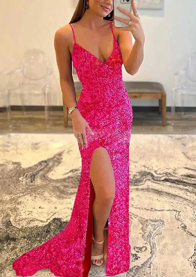 Serene Hill Women's Arabic Blue Mermaid Prom Dress with Sparkly Sequins & Thigh Split - Elegant Spaghetti Strap Evening Gown for Homecoming, Quinceañera & Special Occasions