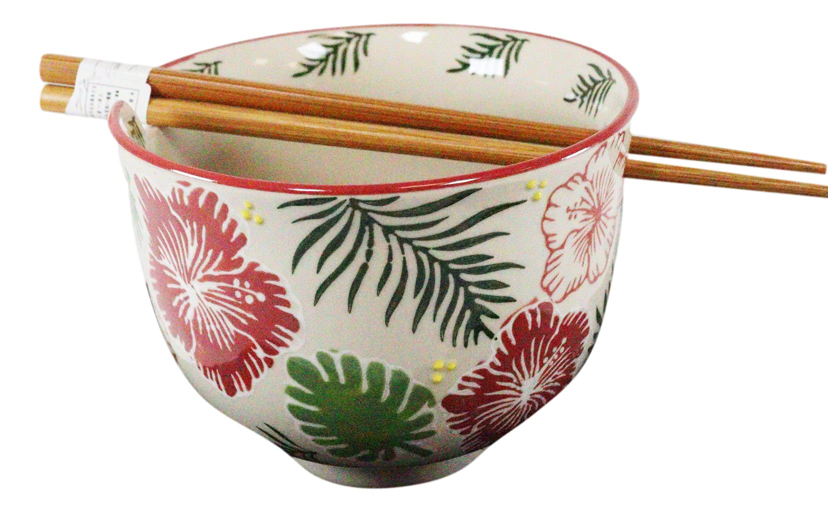 Ebros White Colorful Nectar Flowers Ramen Udon Noodles Ceramic Porcelain Bowl Set with Built-in Chopstick Rest & Bamboo Chopsticks - Perfect for Asian Cuisine, Soup, Rice, and Noodle Meals in Kitchen & Dining