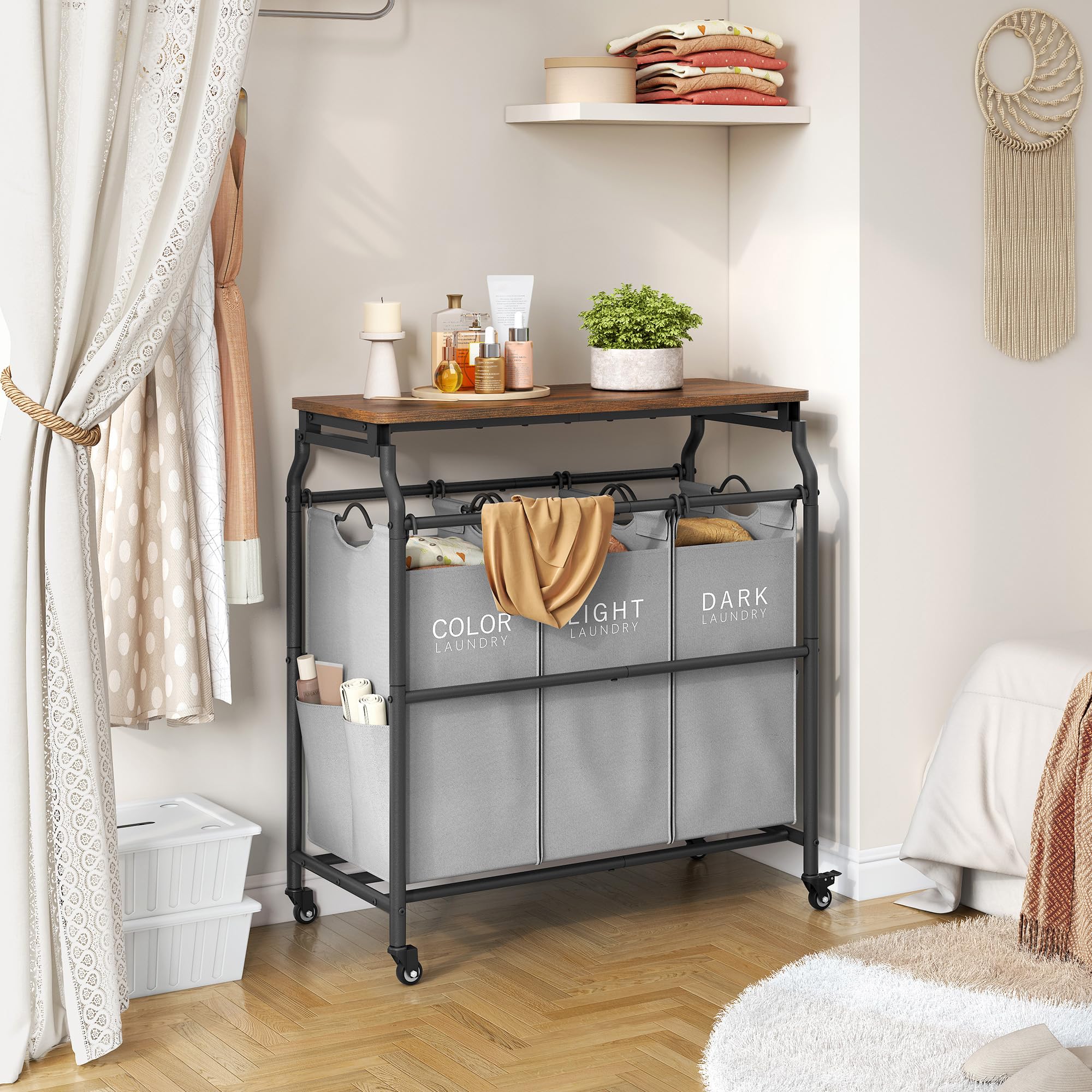 Hoctieon 3-Section Laundry Sorter Cart with Ironing Board & Removable Bags - Heavy Duty Rolling Laundry Hamper with Shelf & Wheels - Large Laundry Basket Organizer for Bedroom, Laundry Room & Dorm - Gray