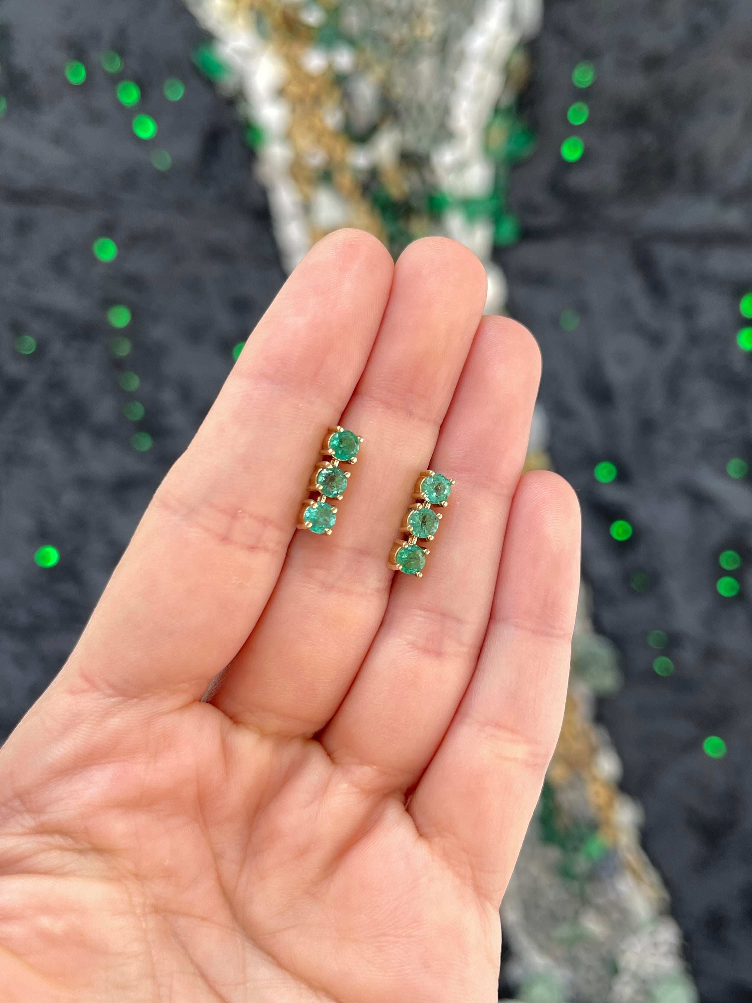 1.80TCW Natural Round Emerald Drop Earrings in 14K Yellow Gold - Lightweight Dangle Studs for Women - Perfect for Weddings, Parties & Special Occasions