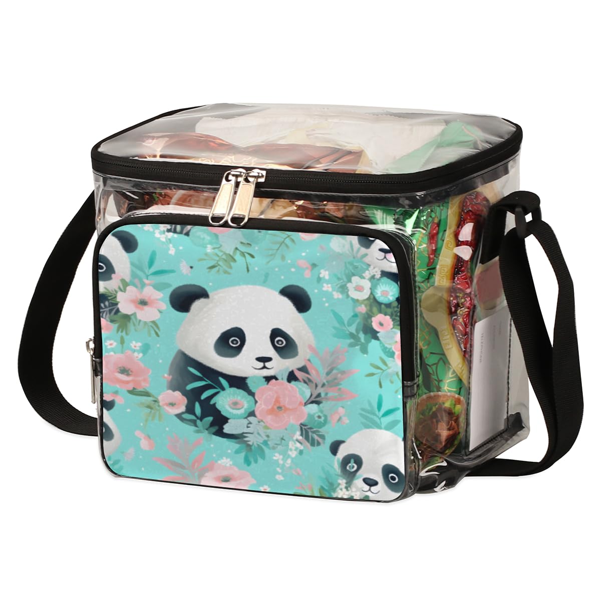 GzLeyigou Panda Clear Tote Bag with Handles - Cute Panda & Floral Design Transparent Crossbody Shoulder Bag for Lunch, Beach, Travel, Picnic, Concerts & Sports Events - Stadium Approved Clear Purse (Perfect for Outdoor Activities, Theme Parks & Security Checkpoints)